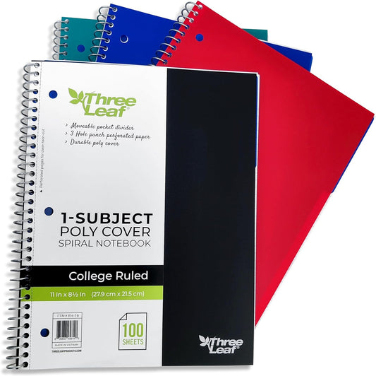 Three Leaf 100 Ct, 11 X 8 1/2, 1 Subject Poly Cover Spiral Notebook, College Ruled, Pocket Divider, Black, Blue, Green, Red. (16 Units Per Case)