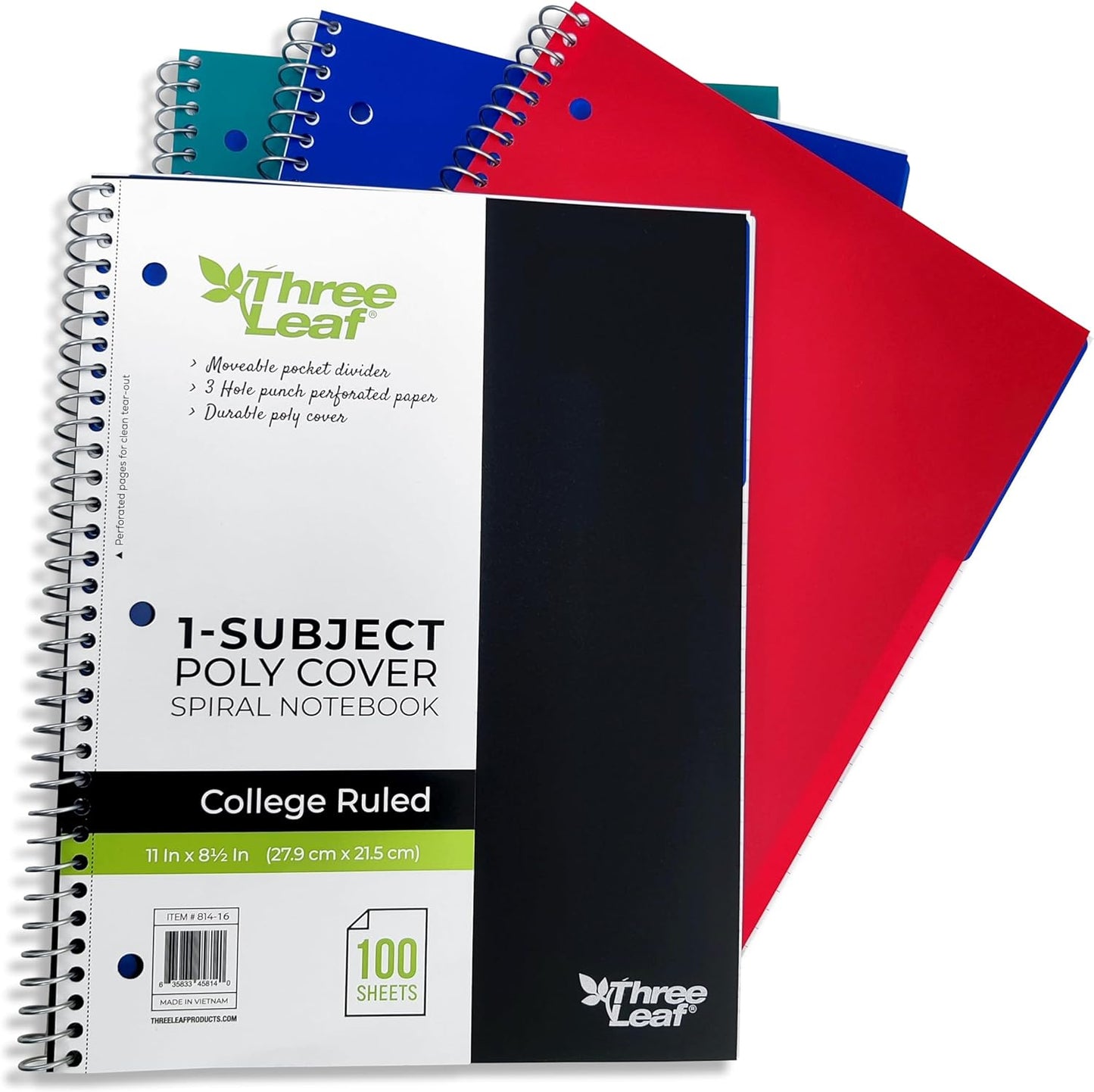 Three Leaf 100 Ct, 11 X 8 1/2, 1 Subject Poly Cover Spiral Notebook, College Ruled, Pocket Divider, Black, Blue, Green, Red.