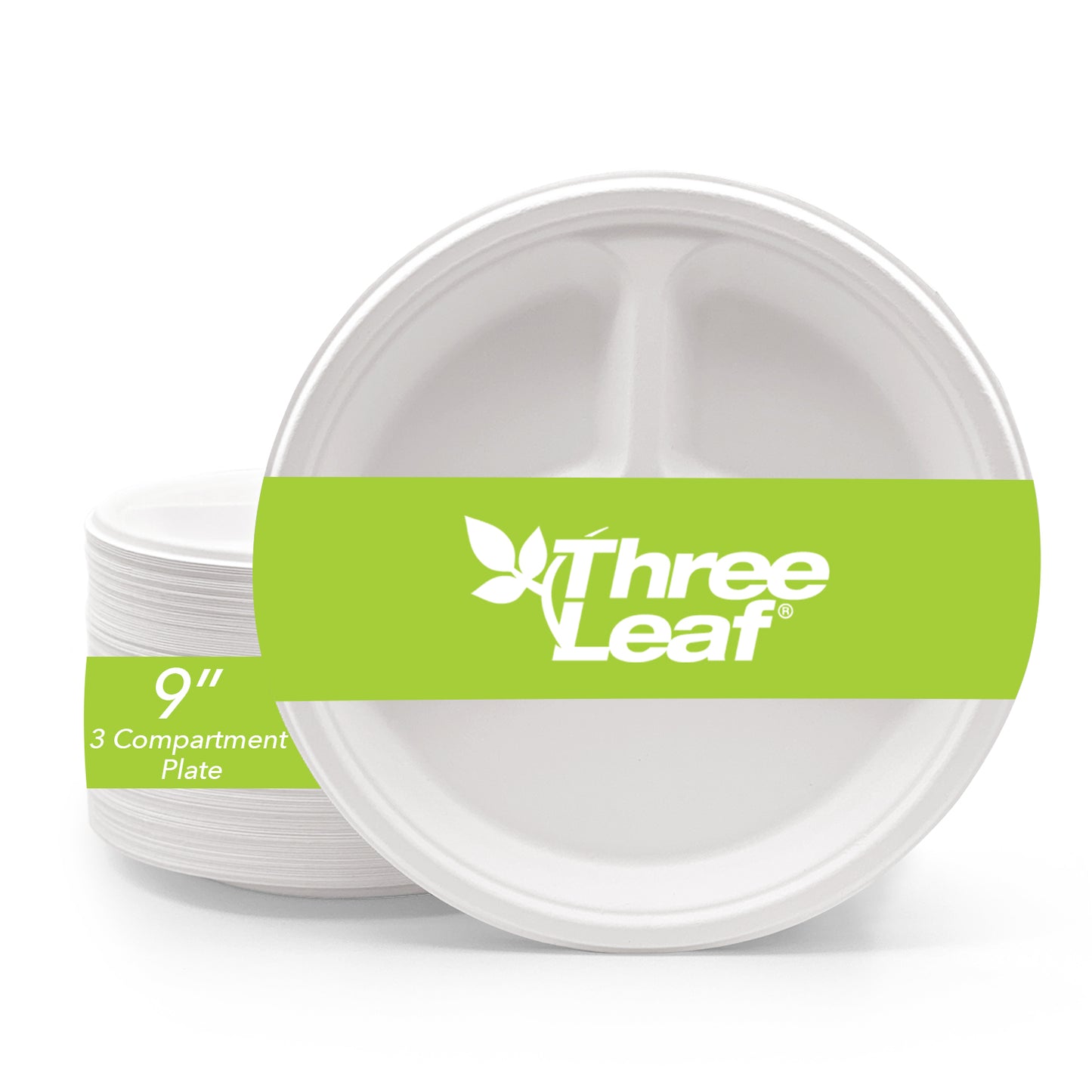 Three Leaf 9" 3 Compartment Bagasse Round Plate, 500 Ct.