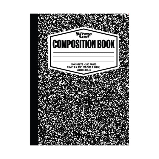Three Leaf 100 Ct, 9-3/4 X 7-1/2, Black Marble Composition Notebook, College Ruled