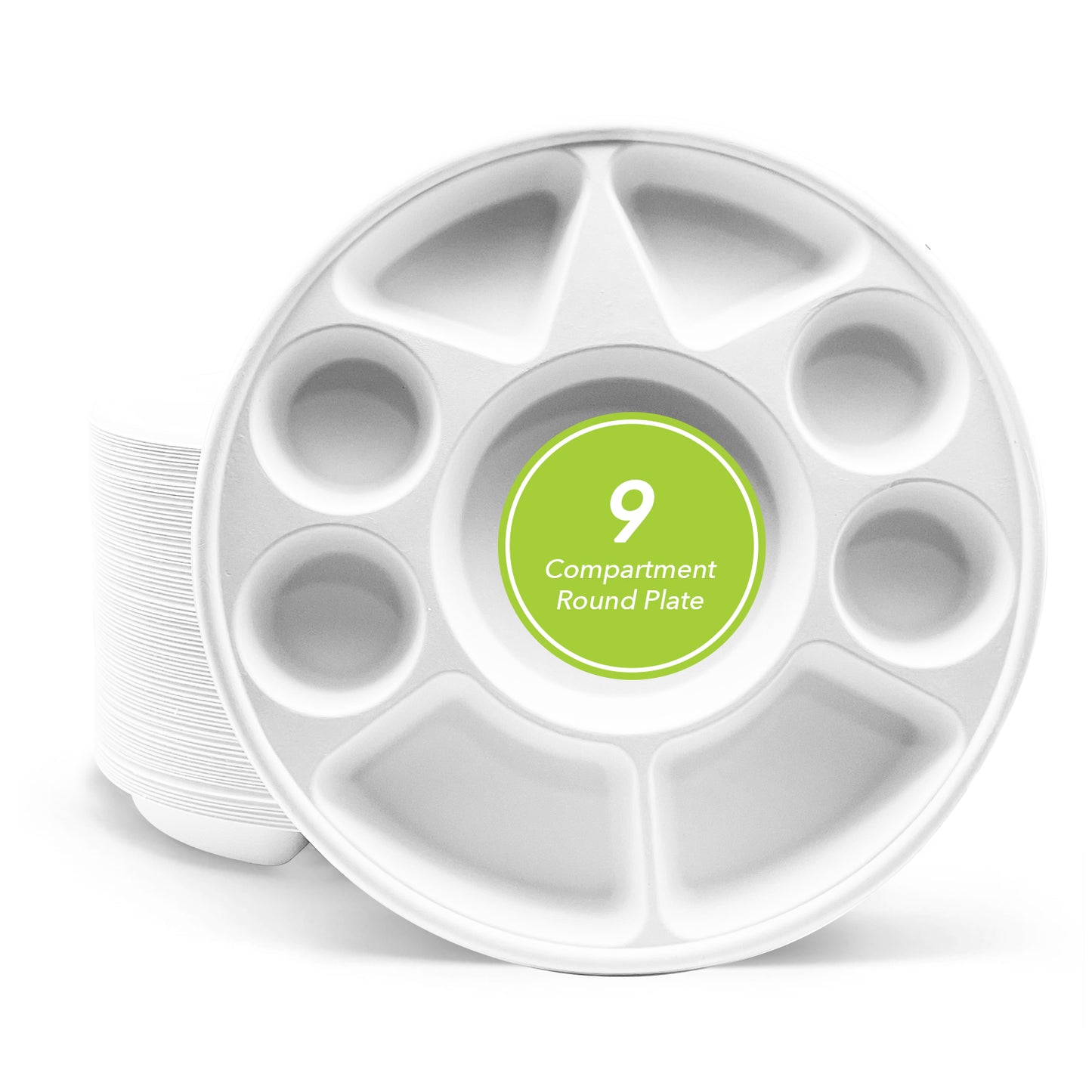 Three Leaf 9 Compartment Bagasse Round Plate, 200 Ct.