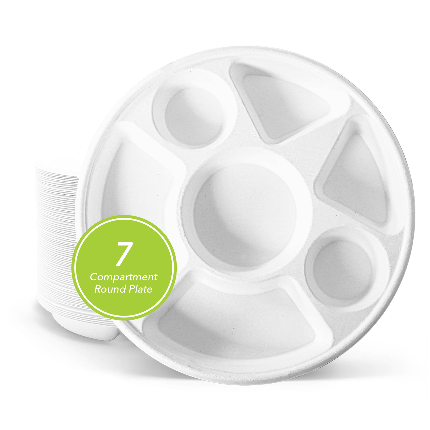 Three Leaf 7 Compartment Bagasse Round Plate, 200 Ct.
