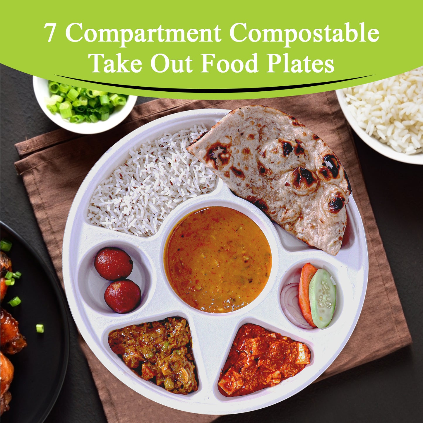Three Leaf 7 Compartment Bagasse Round Plate, 200 Ct.