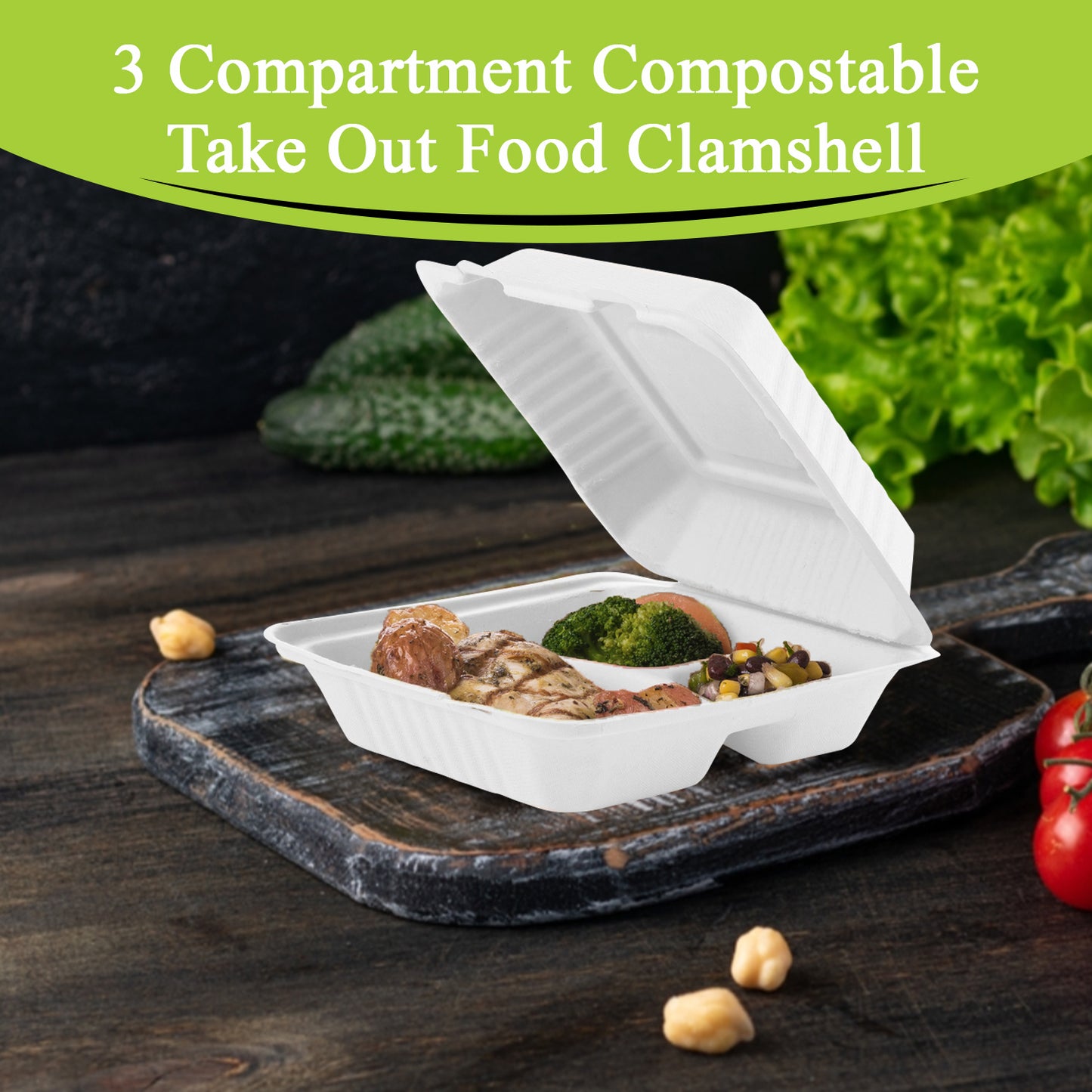 Three Leaf 9" X 9" 3 Compartment Bagasse Clamshell, 200 Ct.