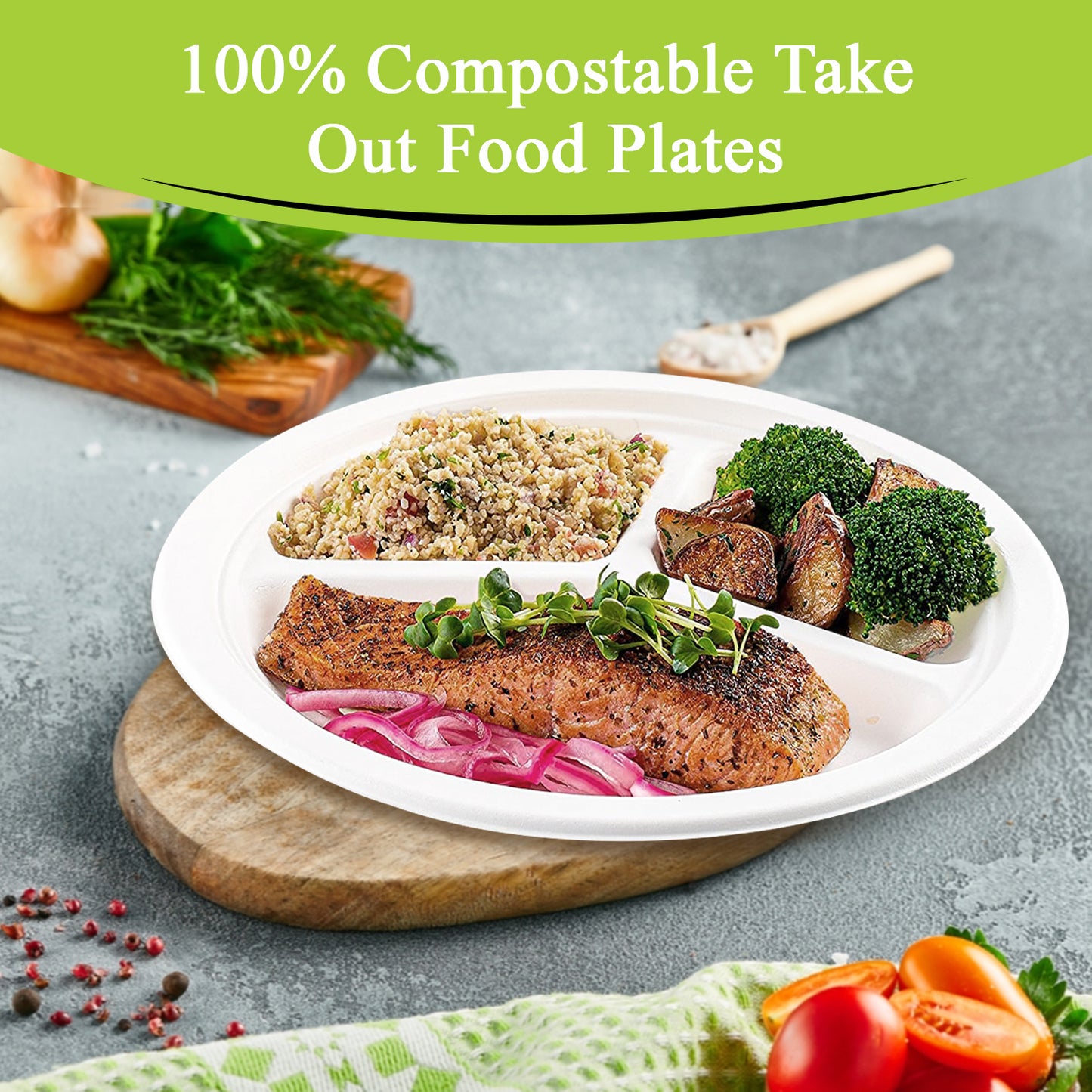 Three Leaf 10" 3 Compartment Bagasse Round Plate, 500 Ct.