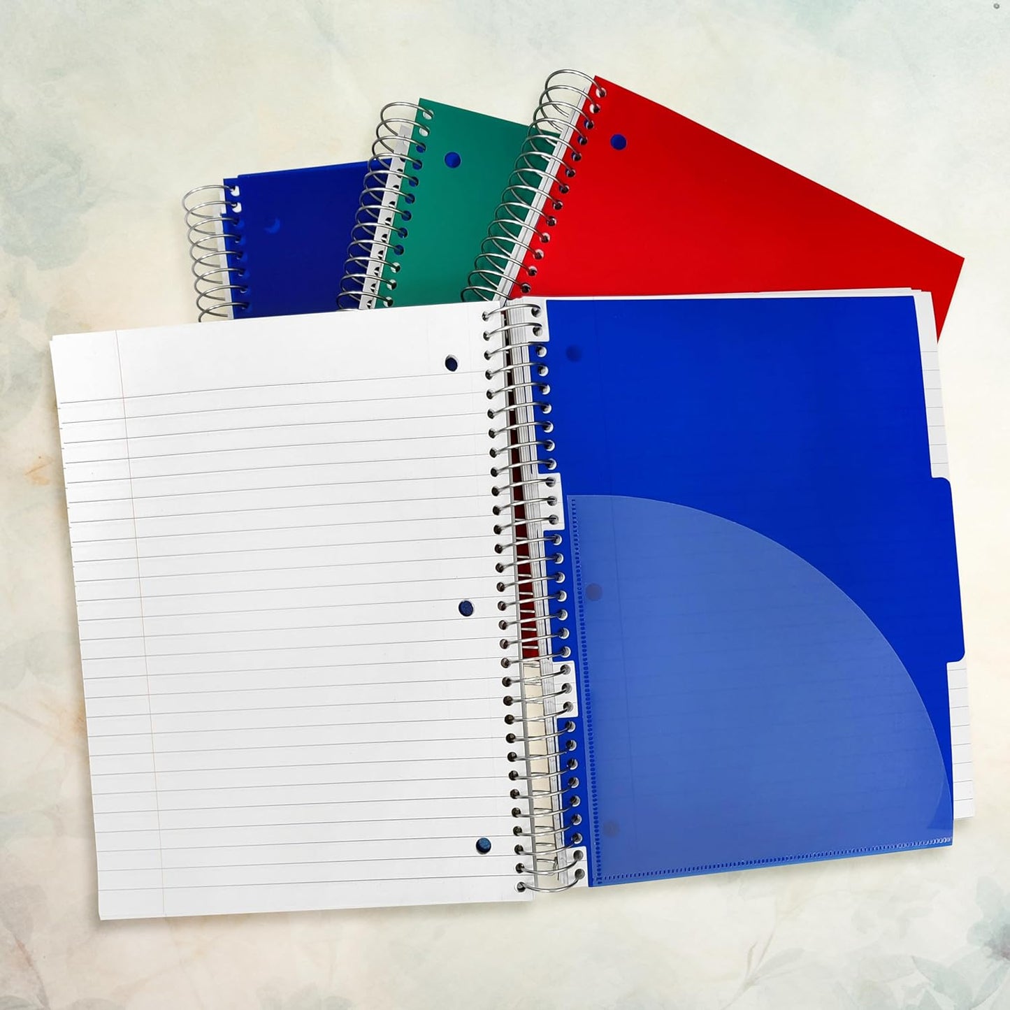 Three Leaf 100 Ct, 11 X 8 1/2, 1 Subject Poly Cover Spiral Notebook, College Ruled, Pocket Divider, Black, Blue, Green, Red.