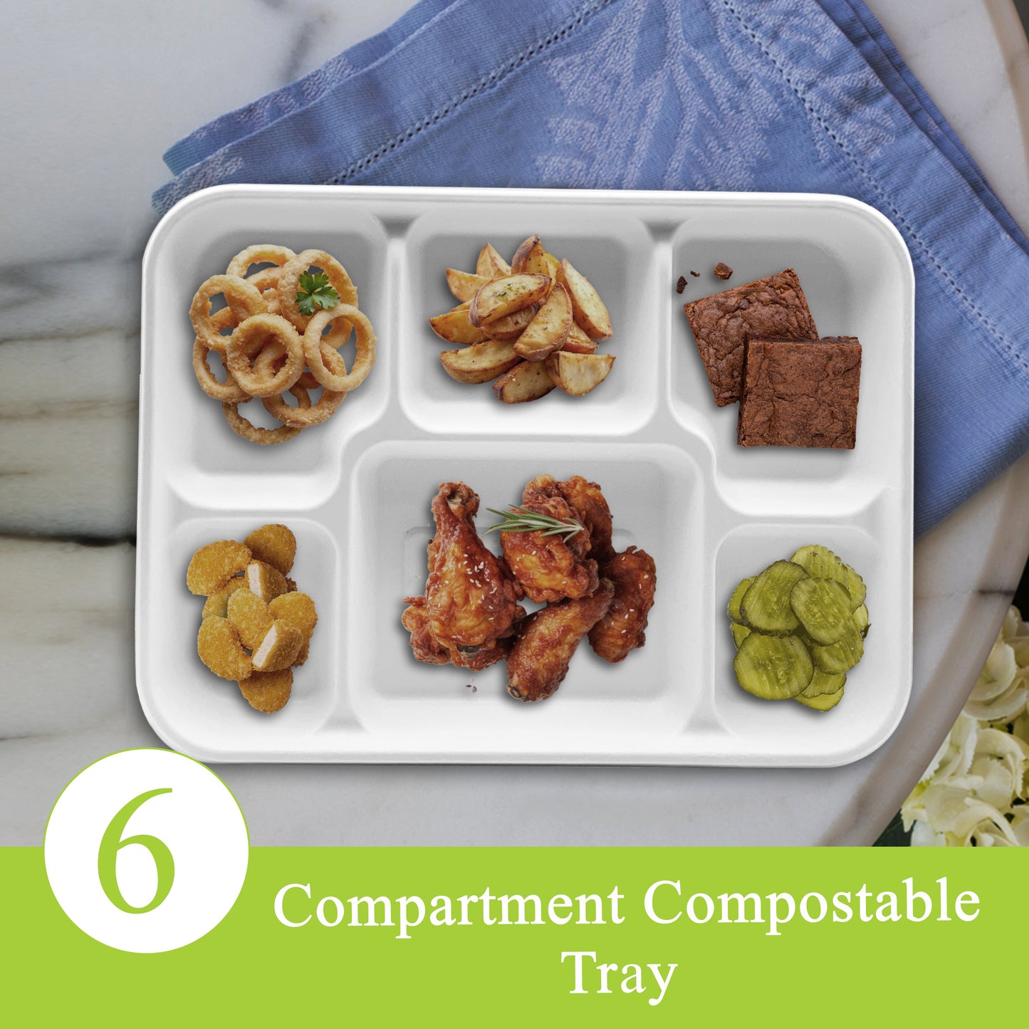 Three Leaf 6 Compartment Bagasse Meal Tray 400 Ct.