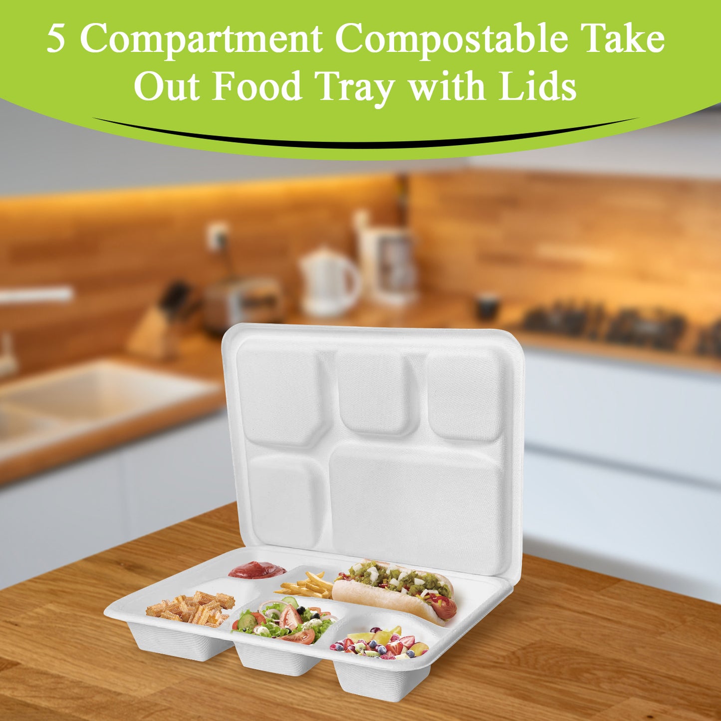Three Leaf 5 Compartment Meal Tray With Lid Set, 200 Sets