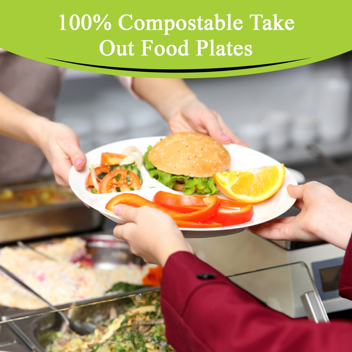 Three Leaf 9" 3 Compartment Bagasse Round Plate, 500 Ct.