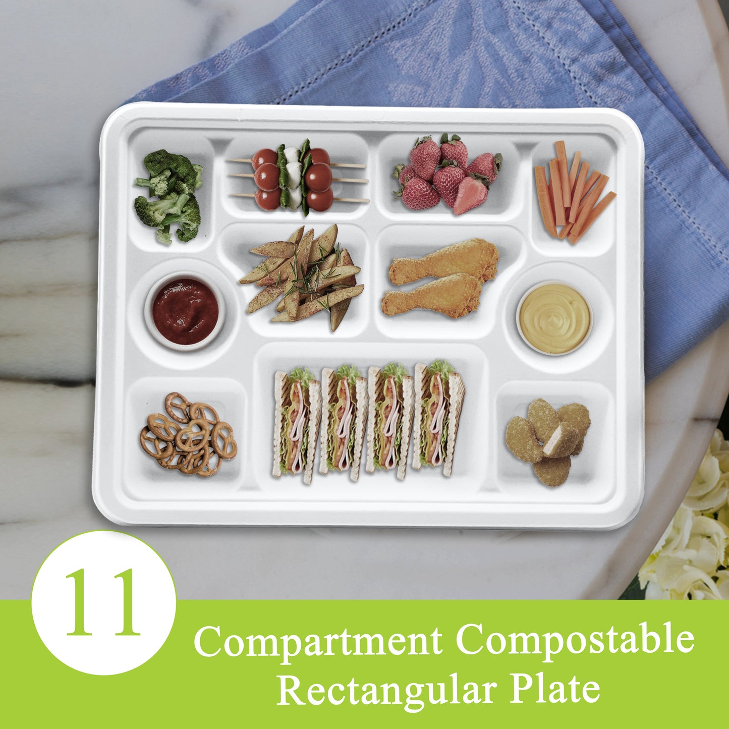 Three Leaf 11 Compartment Bagasse Rectangular Plate, 200 Ct.