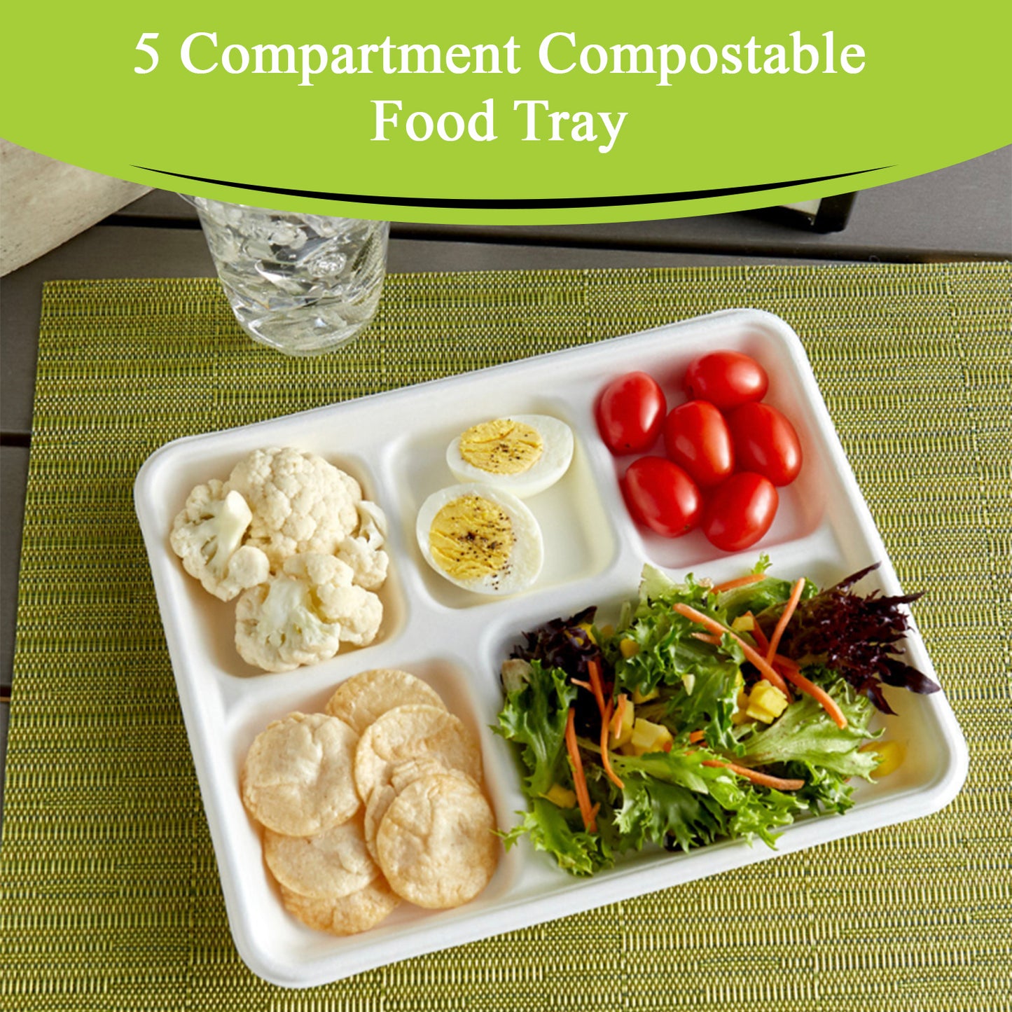 Three Leaf 5 Compartment Bagasse (School) Tray 500 Ct.