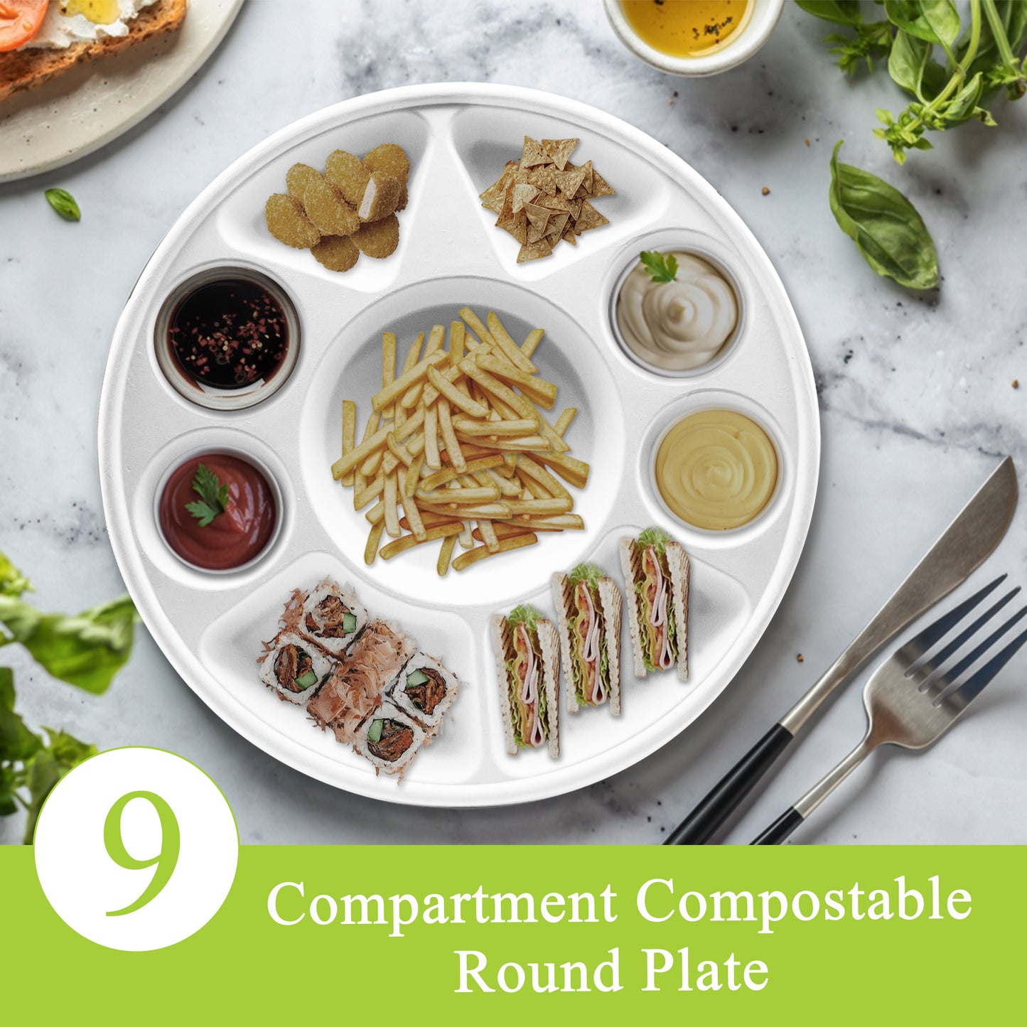 Three Leaf 9 Compartment Bagasse Round Plate, 200 Ct.