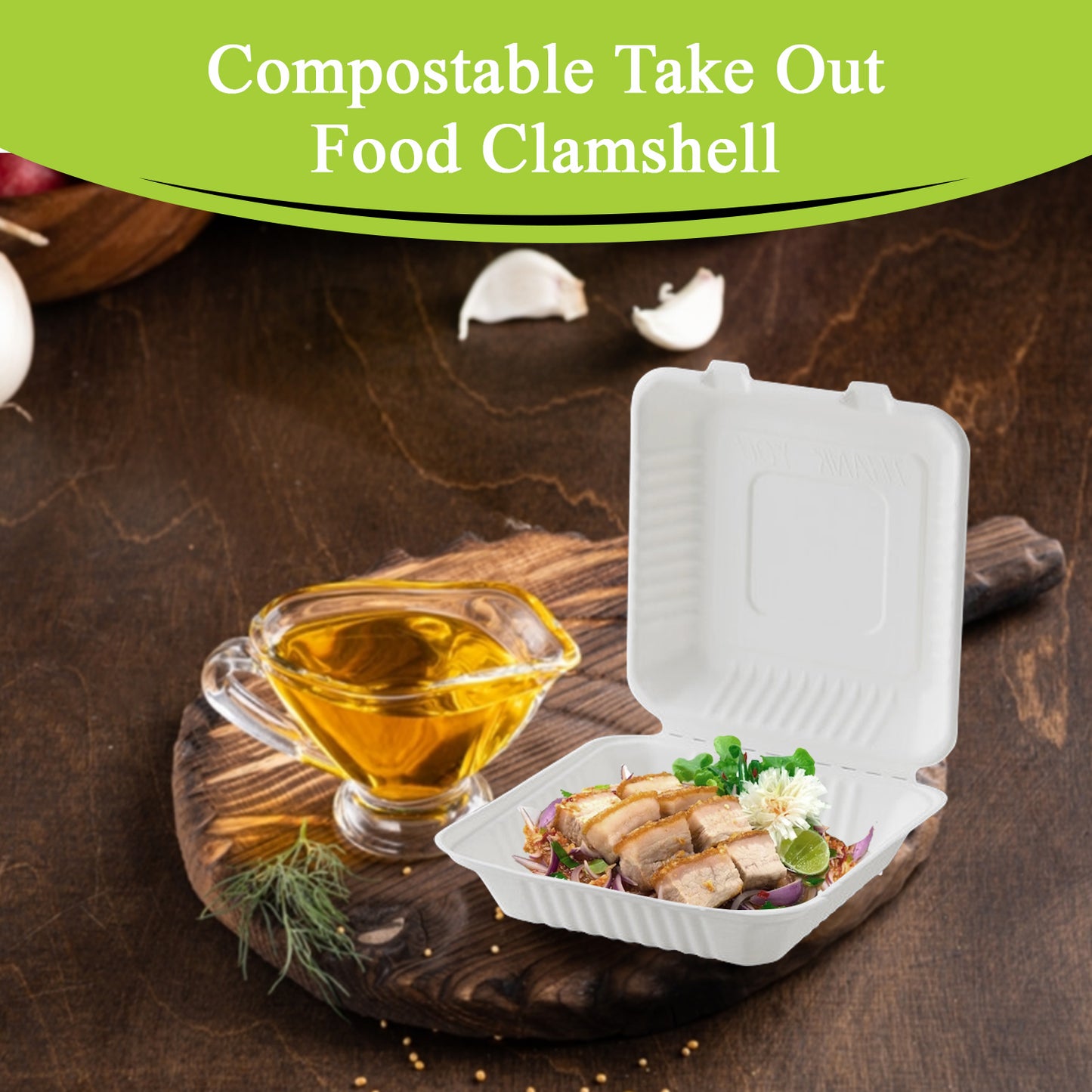 Three Leaf 8" X 8" 1 Compartment Bagasse Clamshell, 200 Ct.