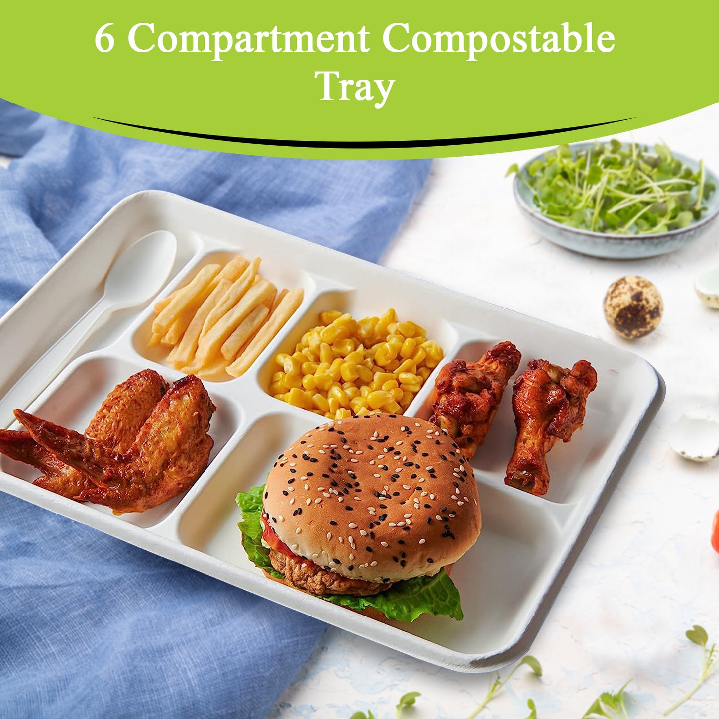Three Leaf 6 Compartment Bagasse Tray 400 Ct.