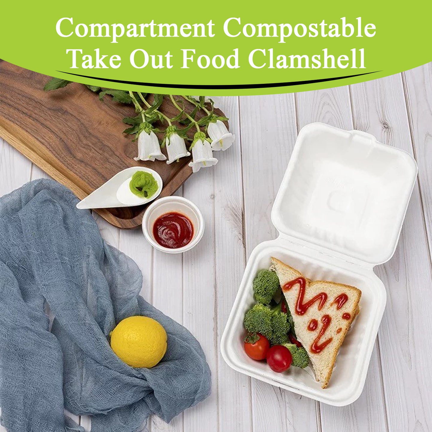 Three Leaf 6" X 6" Bagasse Burger Box (450Ml), 500 Ct.