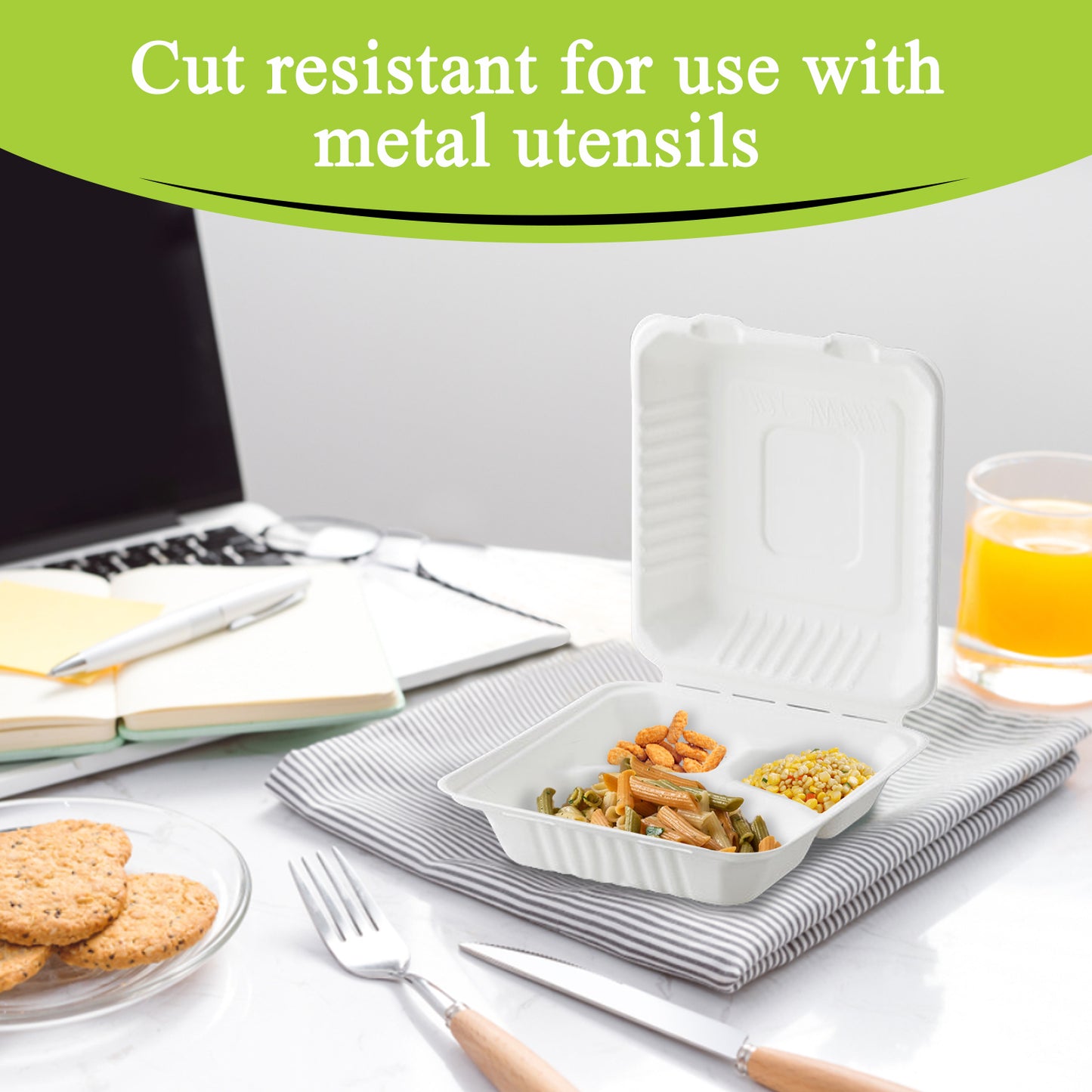 Three Leaf 8" X 8" 3 Compartment Bagasse Clamshell, 200 Ct.