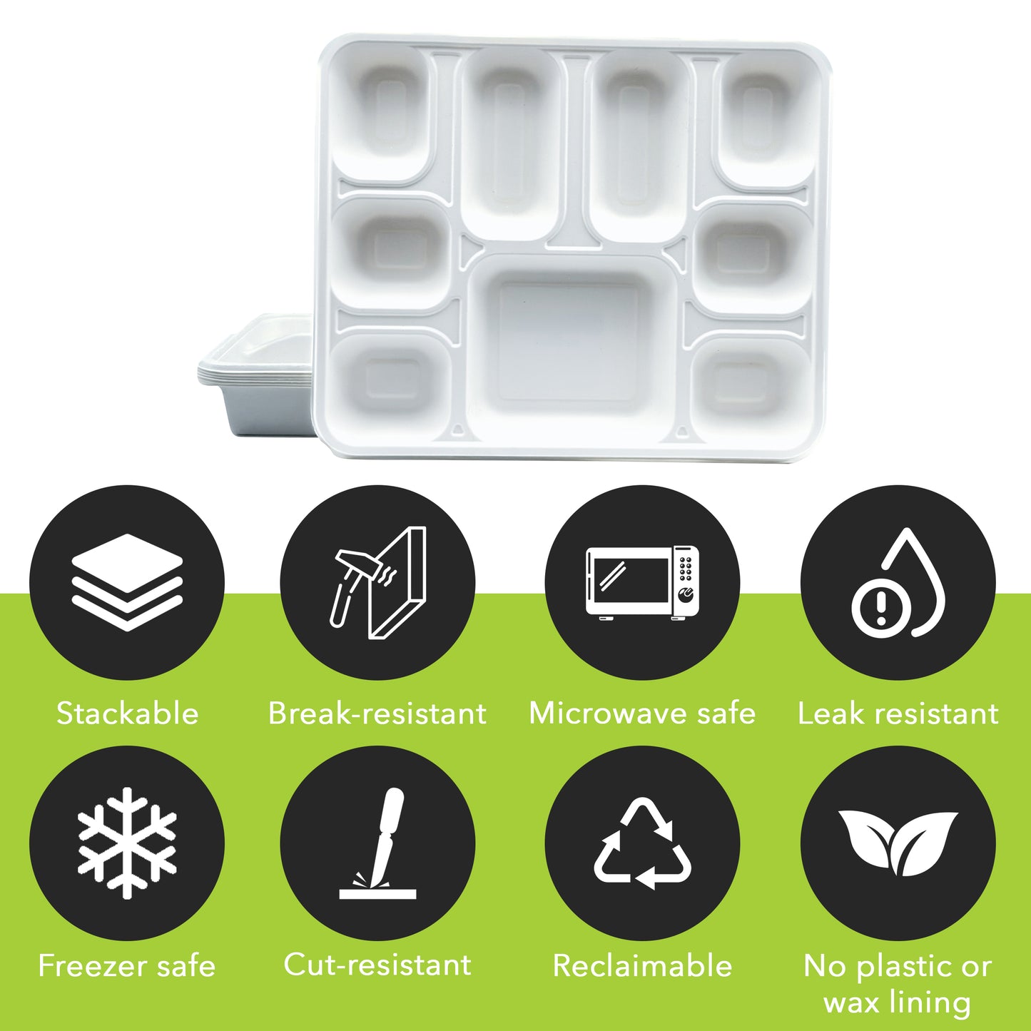 Three Leaf 9 Compartment Bagasse Rectangular Plate, 200 Ct.