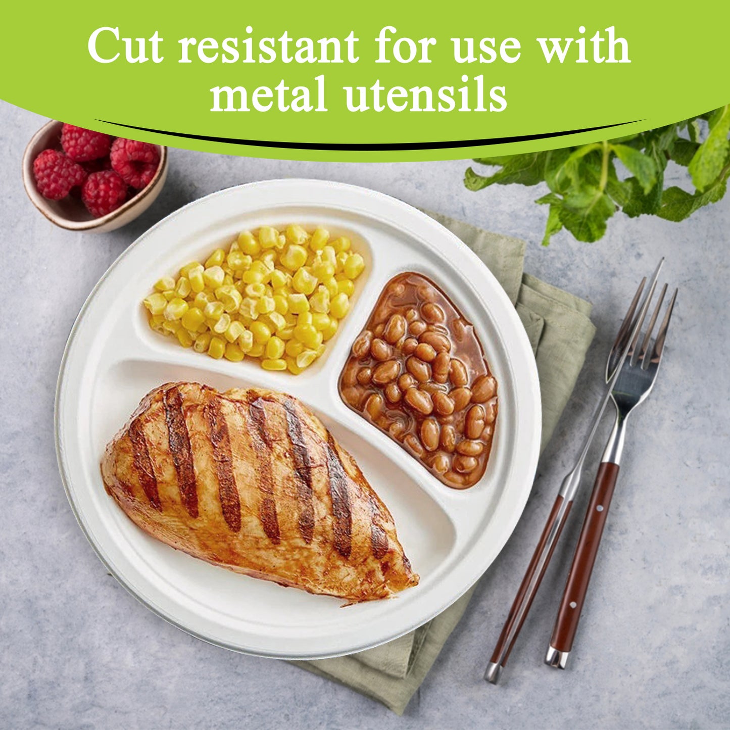 Three Leaf 10" 3 Compartment Bagasse Round Plate, 500 Ct.