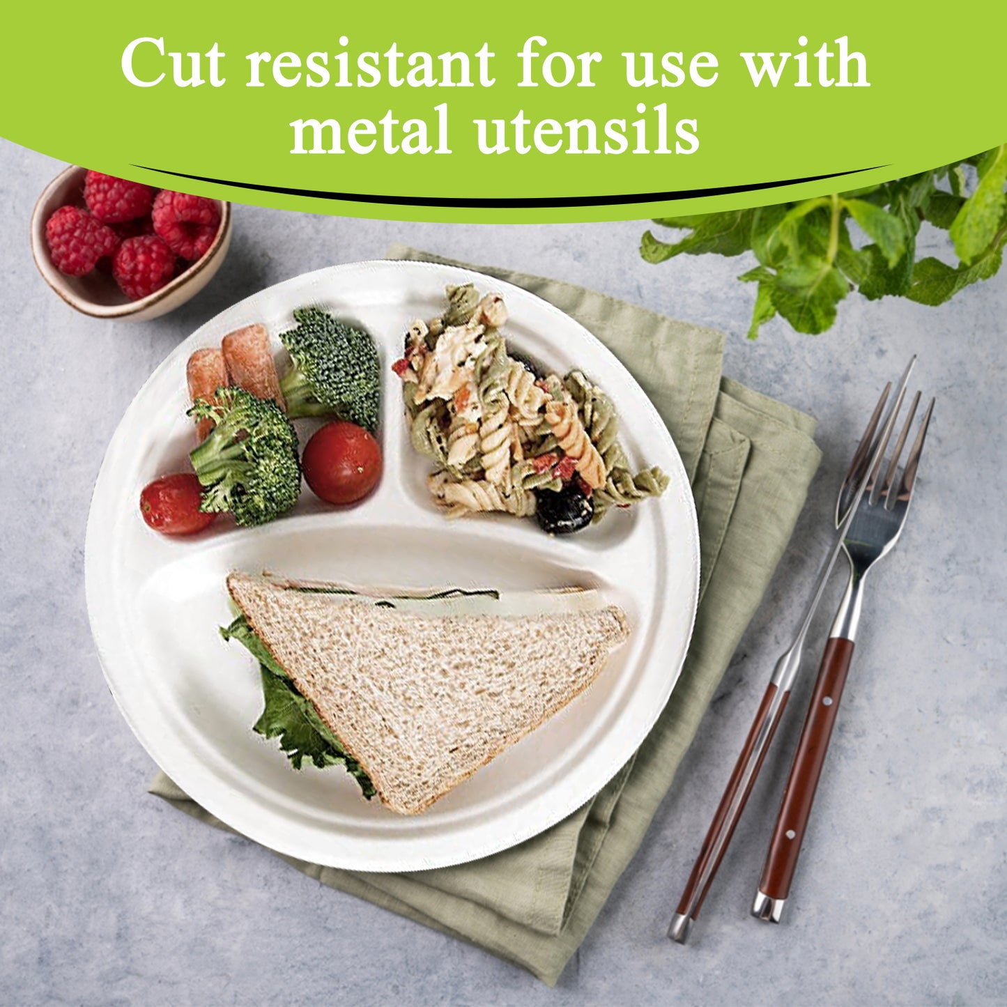 Three Leaf 9" 3 Compartment Bagasse Round Plate, 500 Ct.