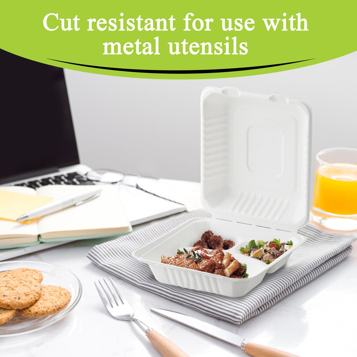 Three Leaf 9" X 9" 3 Compartment Bagasse Clamshell, 200 Ct.