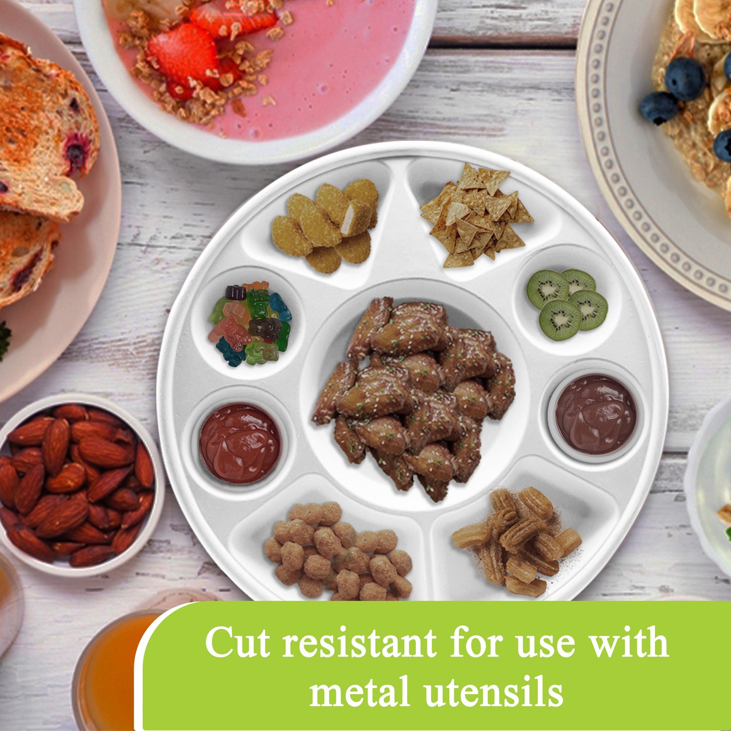 Three Leaf 9 Compartment Bagasse Round Plate, 200 Ct.