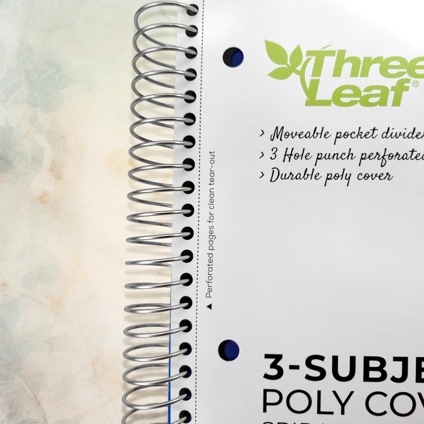 Three Leaf 150 Ct, 10 1/2 X 8, 3-Subject Poly Cover Spiral Notebooks, Wide Ruled, Pocket Divider, Black, Blue, Green, Red.