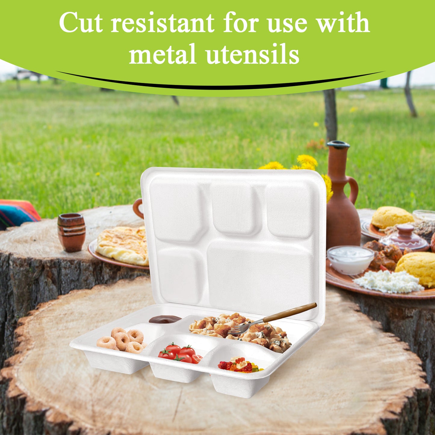Three Leaf 5 Compartment Meal Tray With Lid Set, 200 Sets
