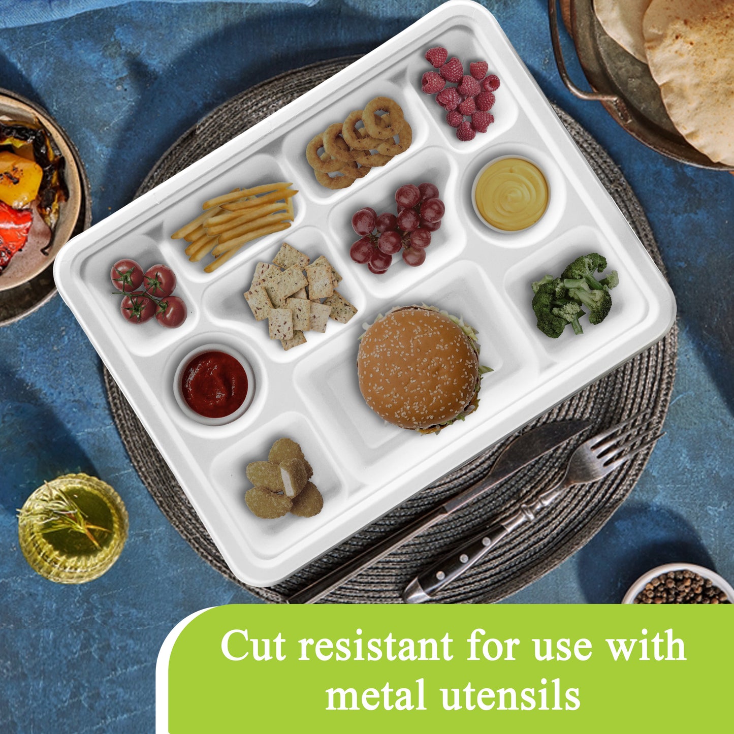 Three Leaf 11 Compartment Bagasse Rectangular Plate, 200 Ct.