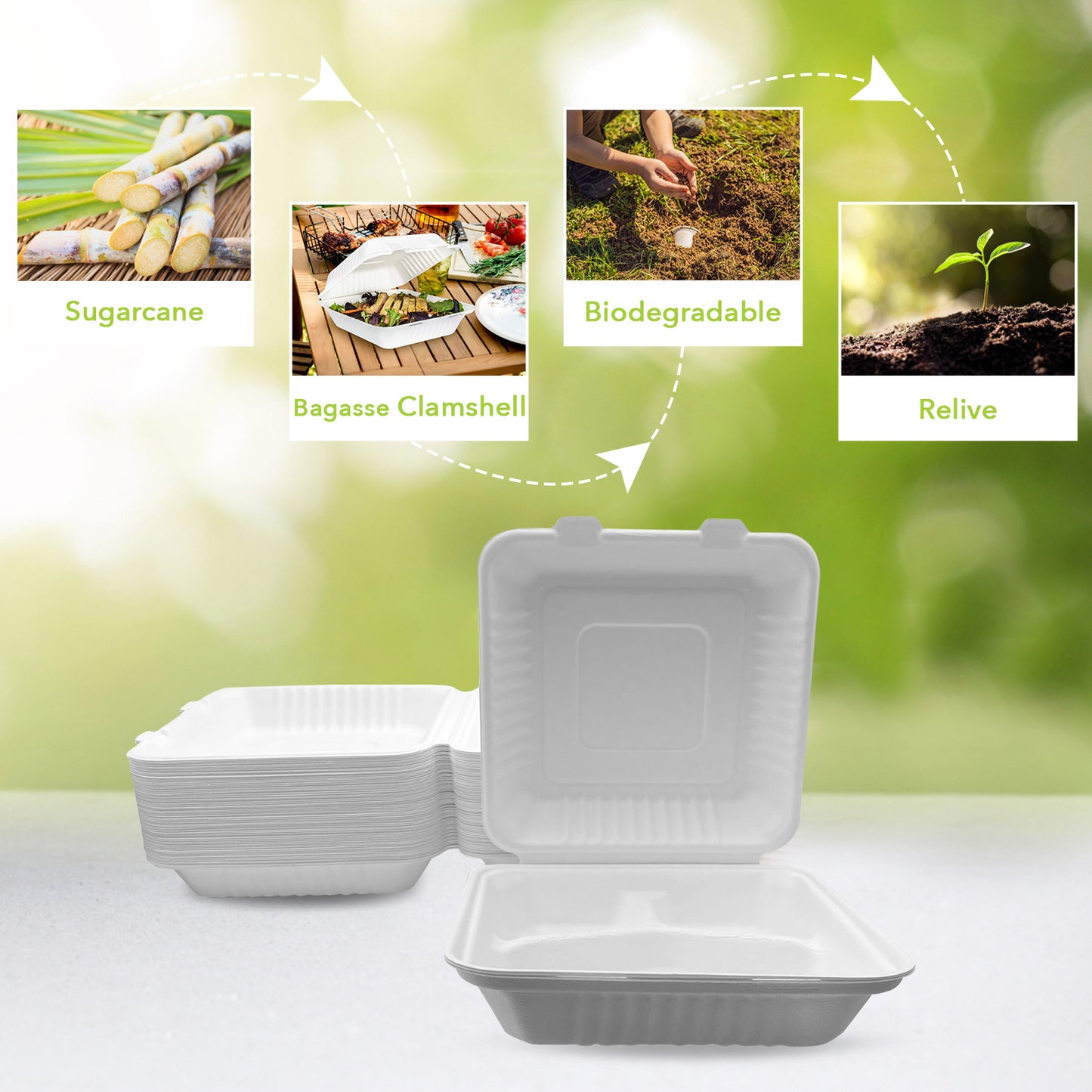 Three Leaf 9" X 9" 3 Compartment Bagasse Clamshell, 200 Ct.