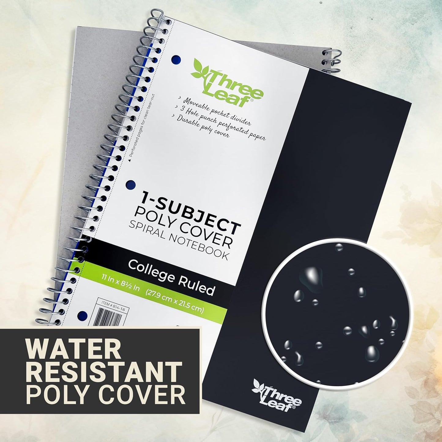 Three Leaf 100 Ct, 11 X 8 1/2, 1 Subject Poly Cover Spiral Notebook, College Ruled, Pocket Divider, Black, Blue, Green, Red.