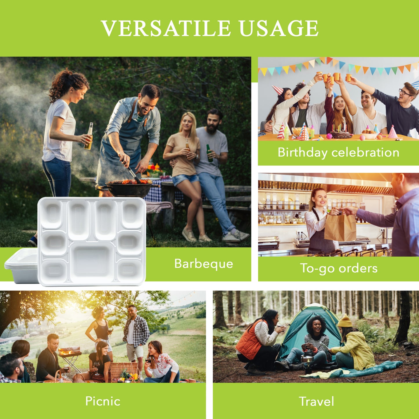 Three Leaf 9 Compartment Bagasse Rectangular Plate, 200 Ct.