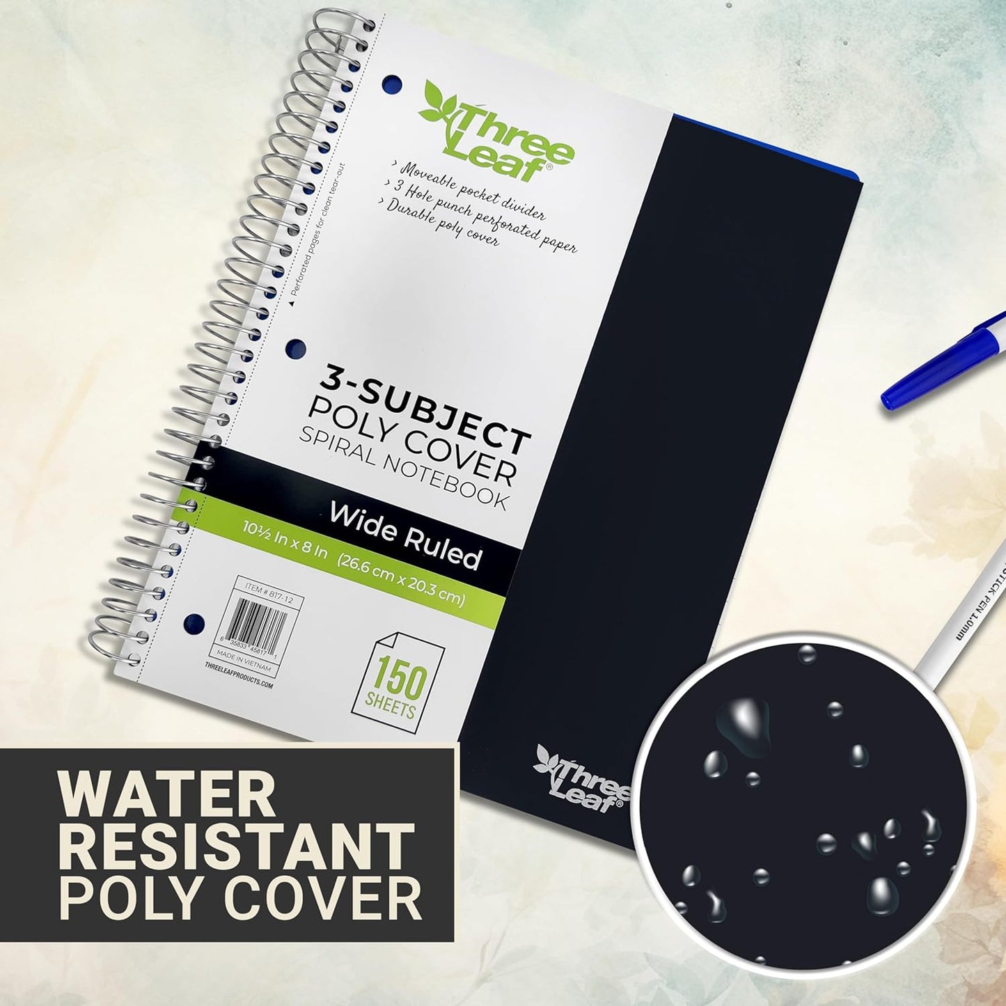 Three Leaf 150 Ct, 10 1/2 X 8, 3-Subject Poly Cover Spiral Notebooks, Wide Ruled, Pocket Divider, Black, Blue, Green, Red.