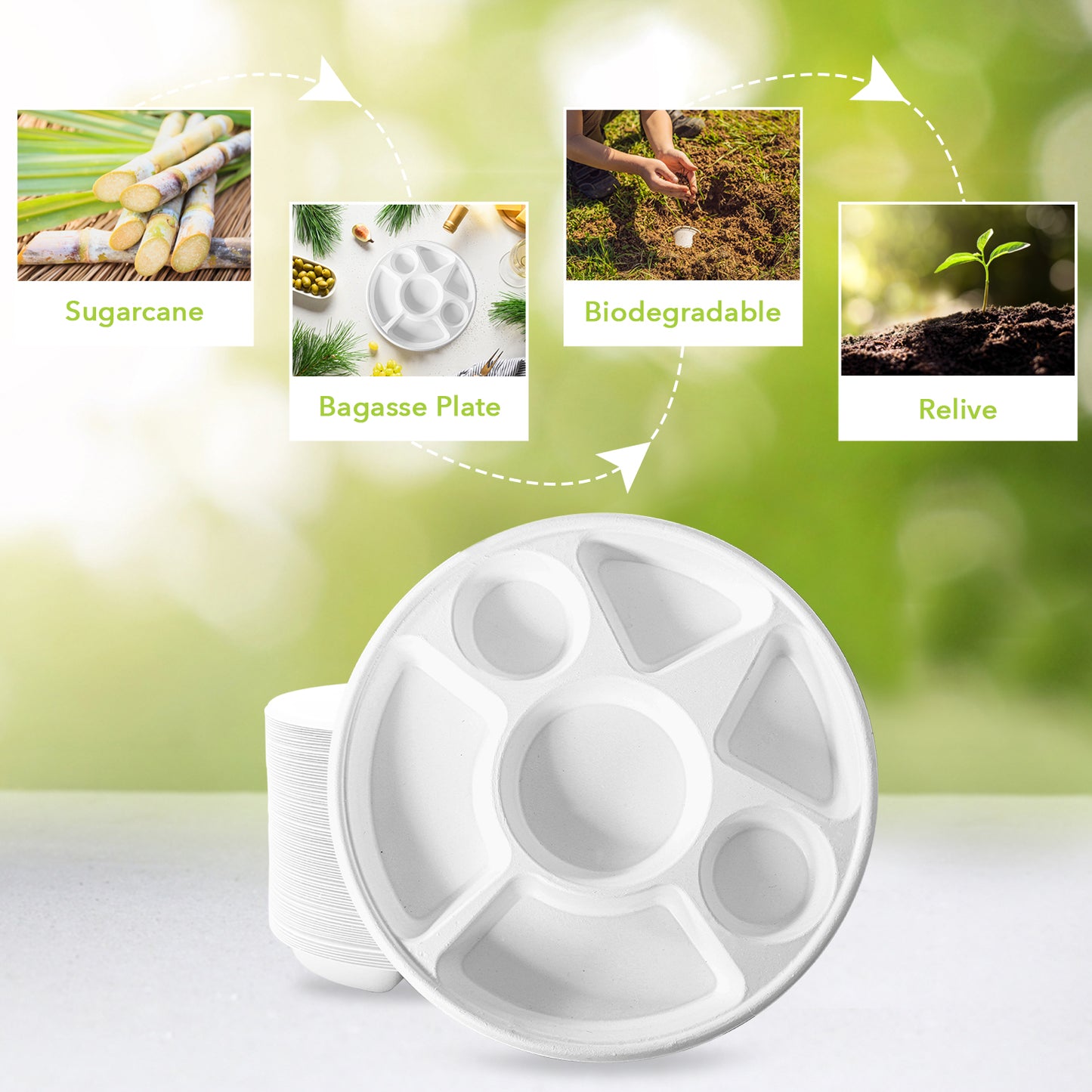 Three Leaf 7 Compartment Bagasse Round Plate, 200 Ct.