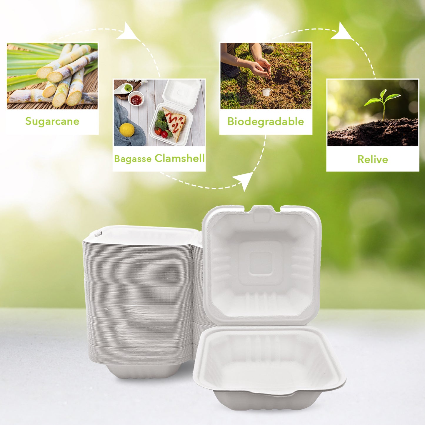 Three Leaf 6" X 6" Bagasse Burger Box (450Ml), 500 Ct.