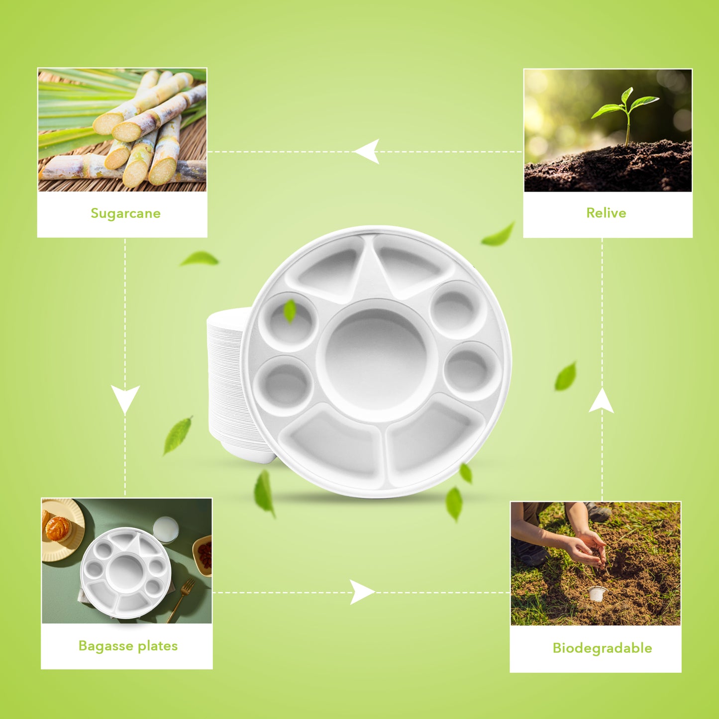 Three Leaf 9 Compartment Bagasse Round Plate, 200 Ct.