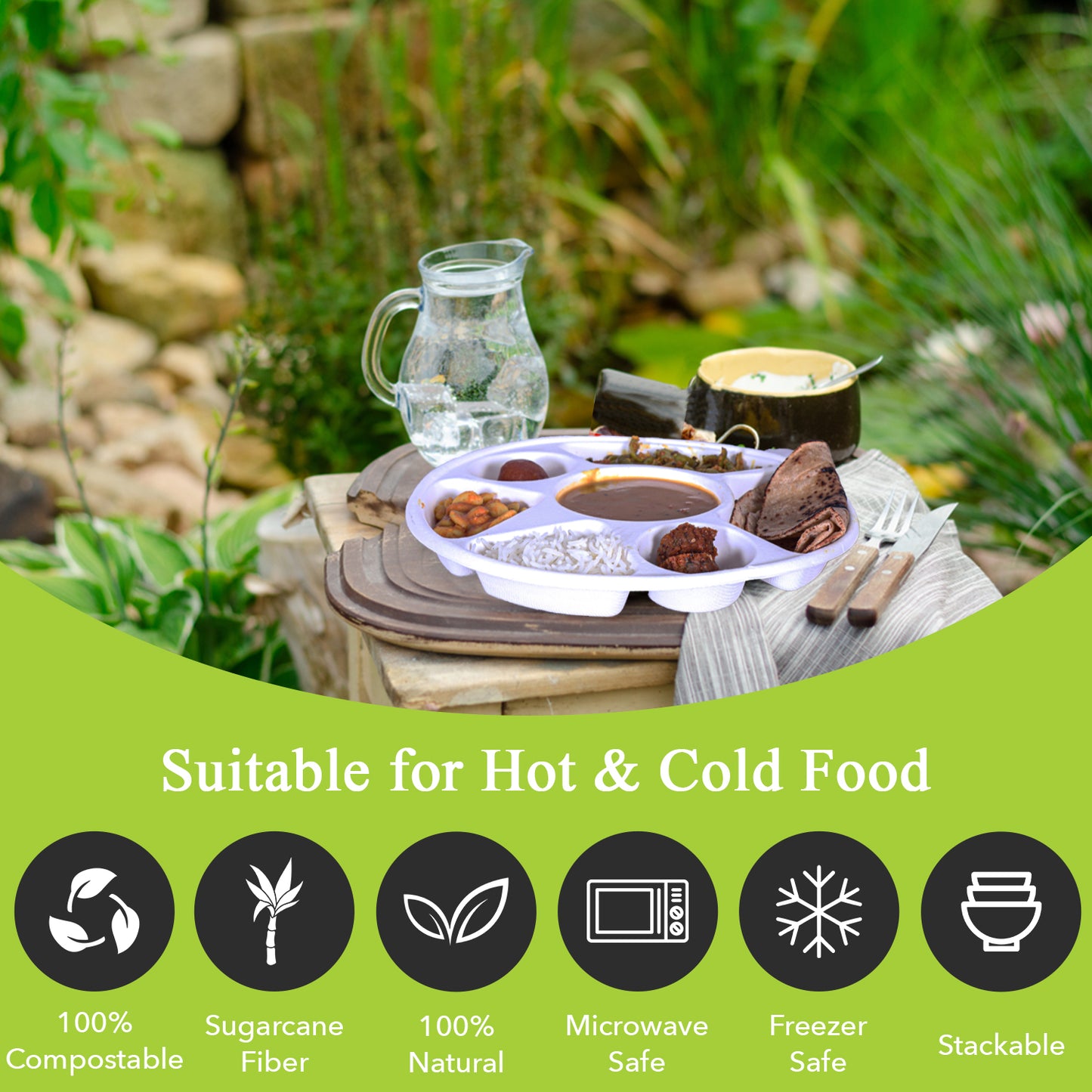 Three Leaf 7 Compartment Bagasse Round Plate, 200 Ct.