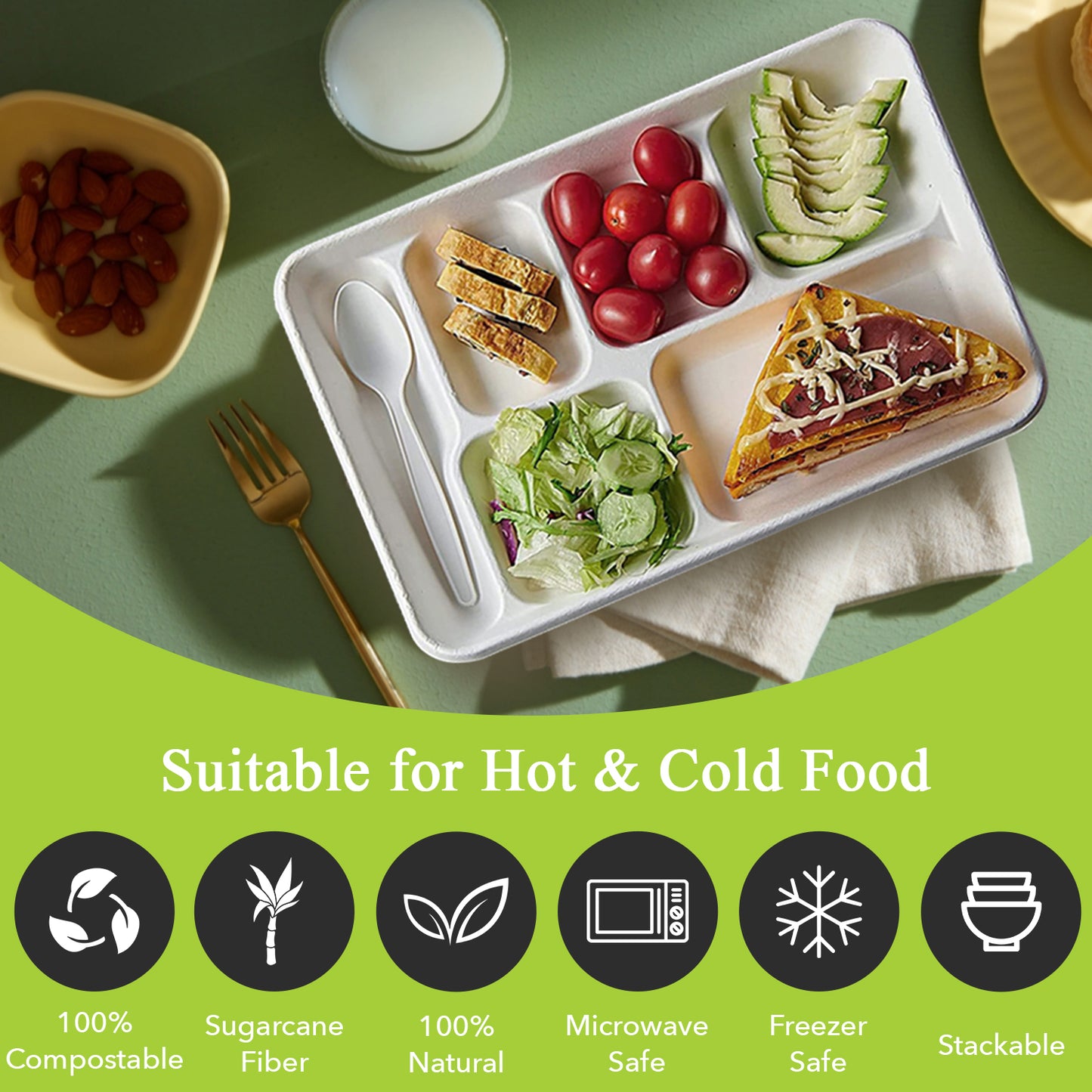 Three Leaf 6 Compartment Bagasse Tray 400 Ct.