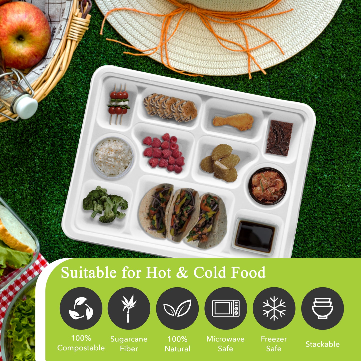 Three Leaf 11 Compartment Bagasse Rectangular Plate, 200 Ct.