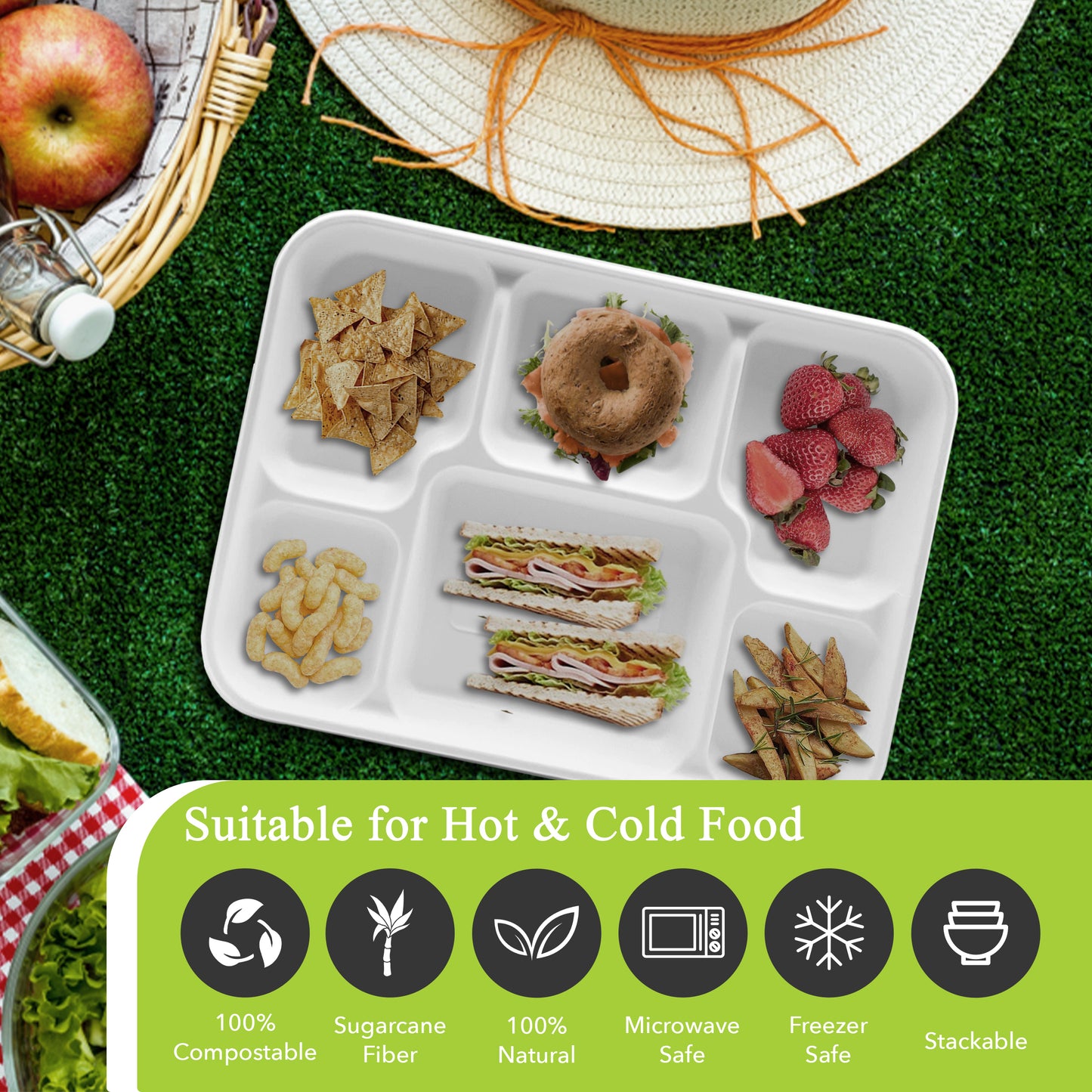 Three Leaf 6 Compartment Bagasse Meal Tray 400 Ct.