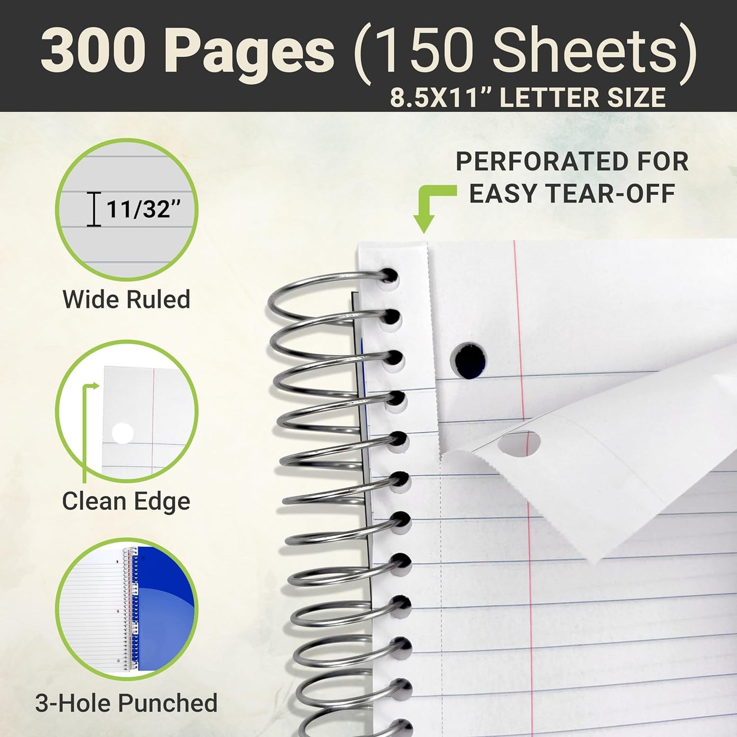 Three Leaf 150 Ct, 10 1/2 X 8, 3-Subject Poly Cover Spiral Notebooks, Wide Ruled, Pocket Divider, Black, Blue, Green, Red.