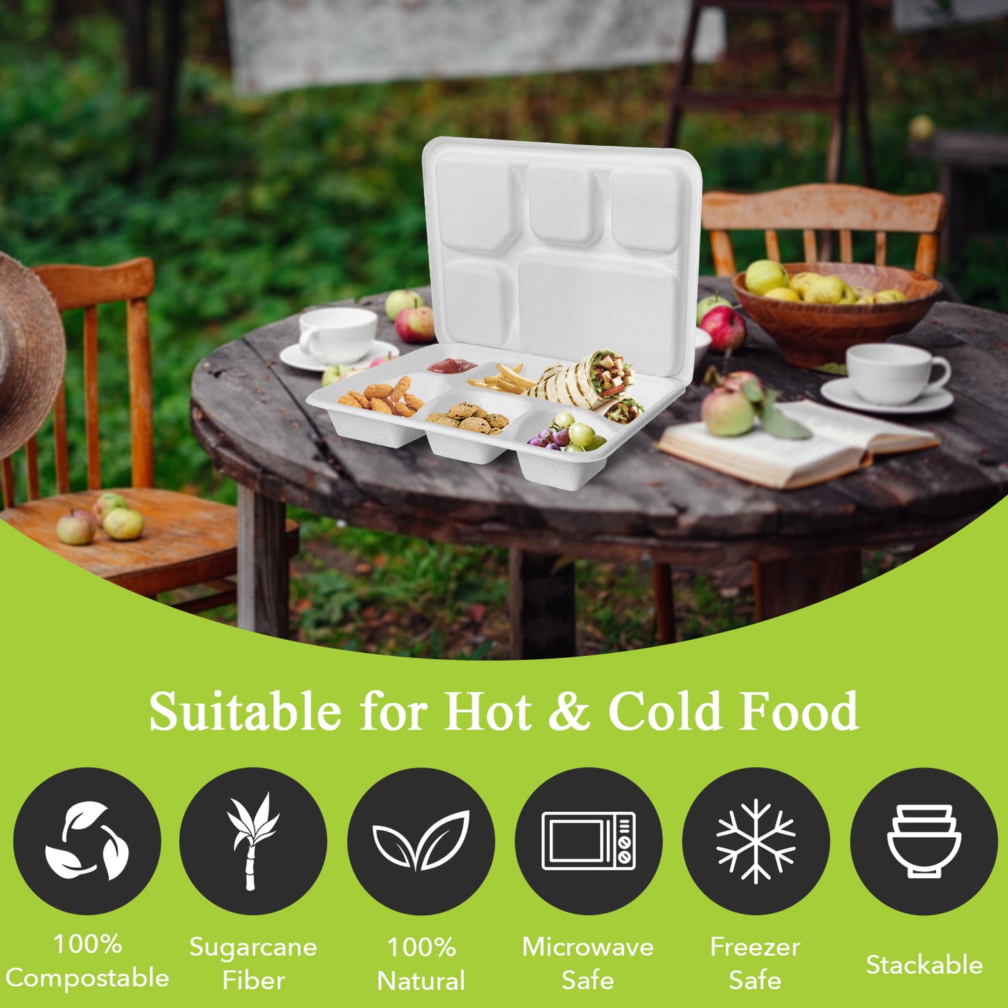 Three Leaf 5 Compartment Meal Tray With Lid Set, 200 Sets