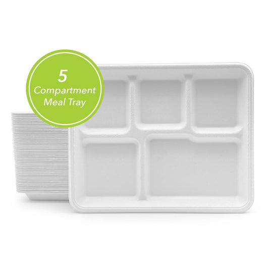 Three Leaf 5 Compartment Bagasse (School) Tray 500 Ct. (10 Packs Of 50)