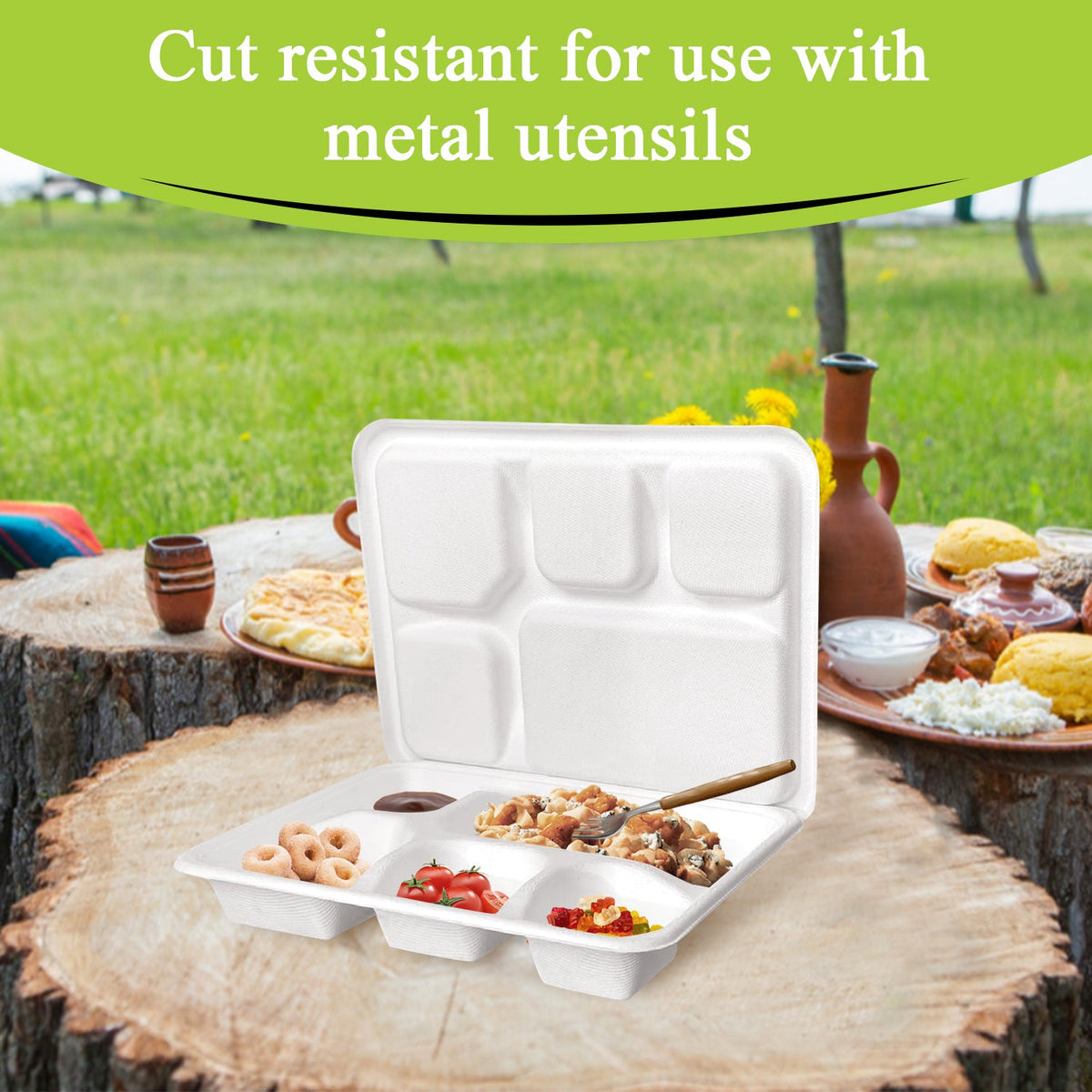 5 Compartment Meal Tray with Lid, 100?o Friendly, Biodegradable &  Disposable Compartment Meal Tray with Smart Lock