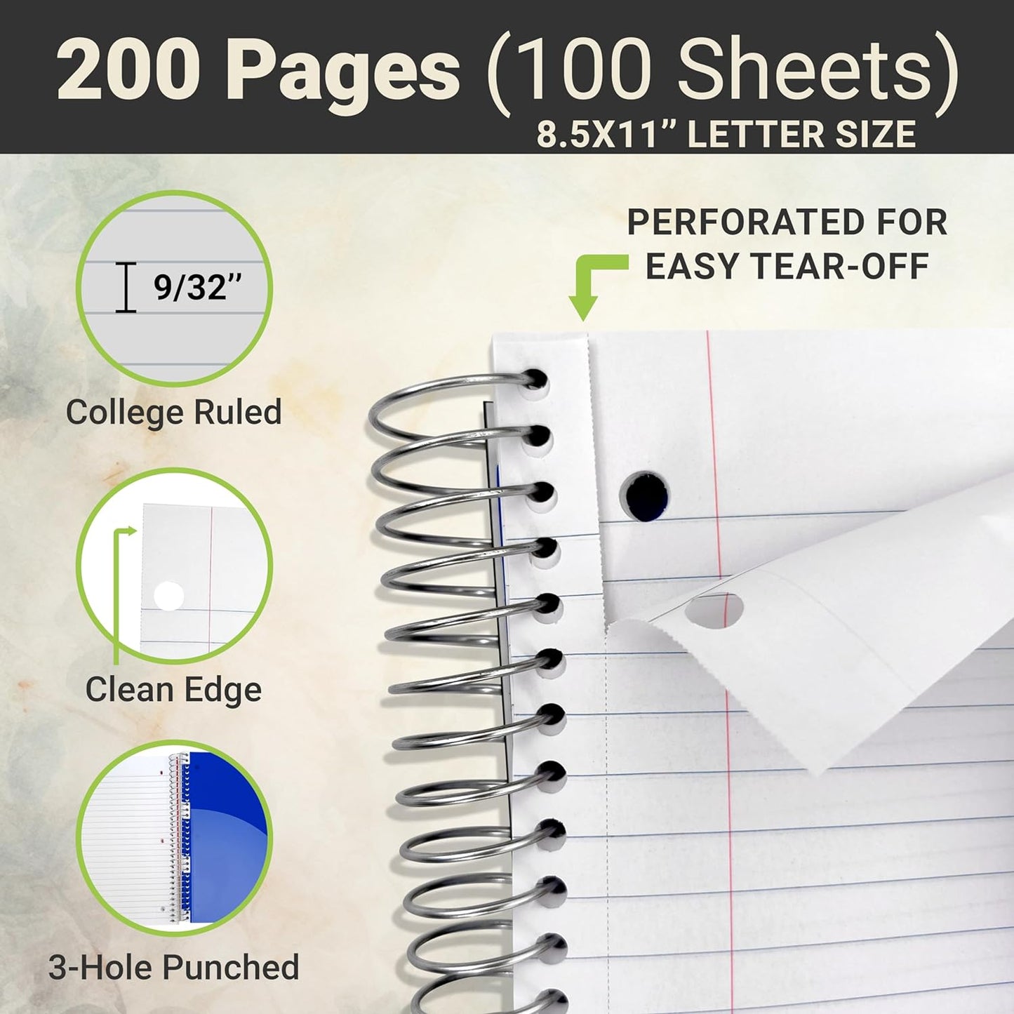 Three Leaf 100 Ct, 11 X 8 1/2, 1 Subject Poly Cover Spiral Notebook, College Ruled, Pocket Divider, Black, Blue, Green, Red.