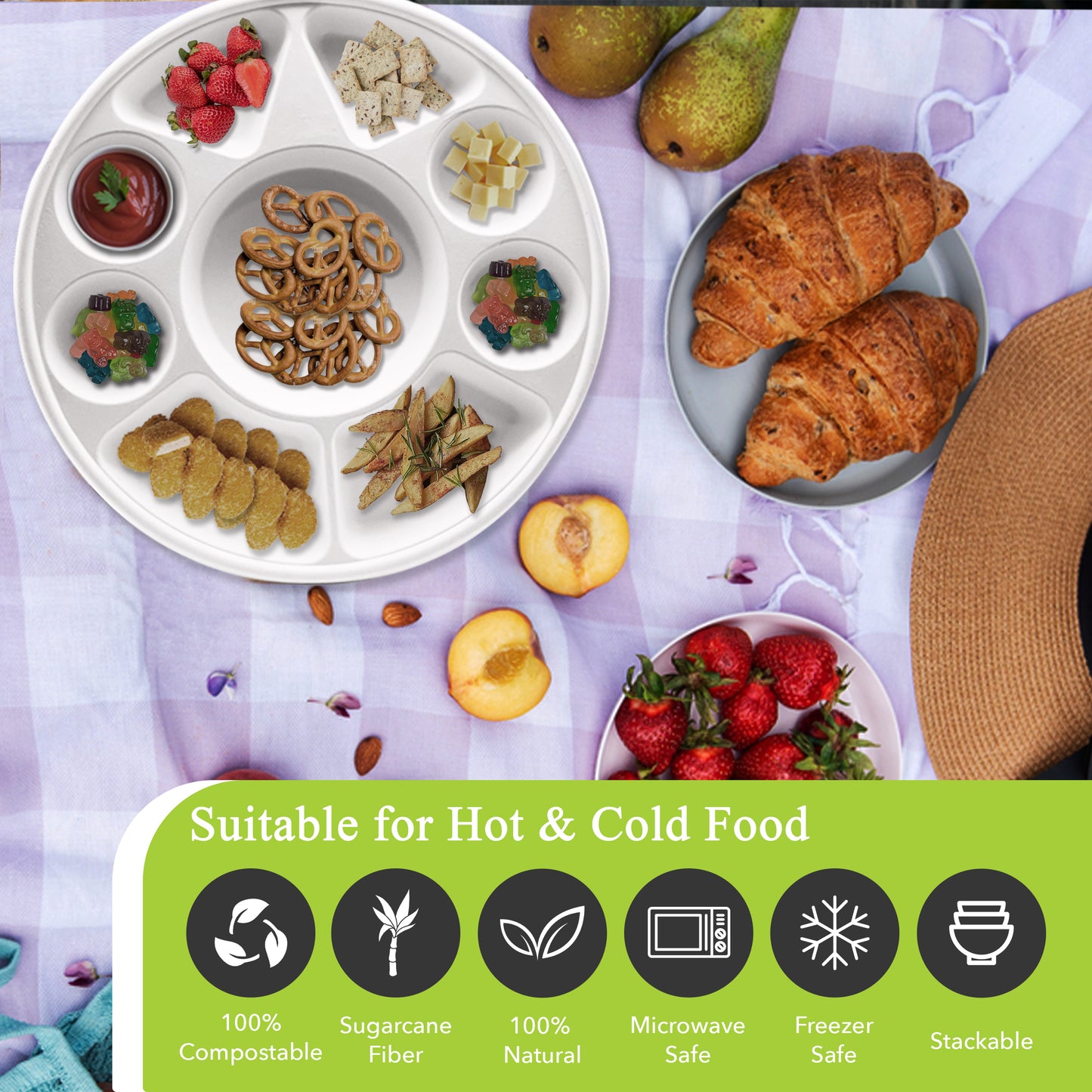 Three Leaf 9 Compartment Bagasse Round Plate, 200 Ct.