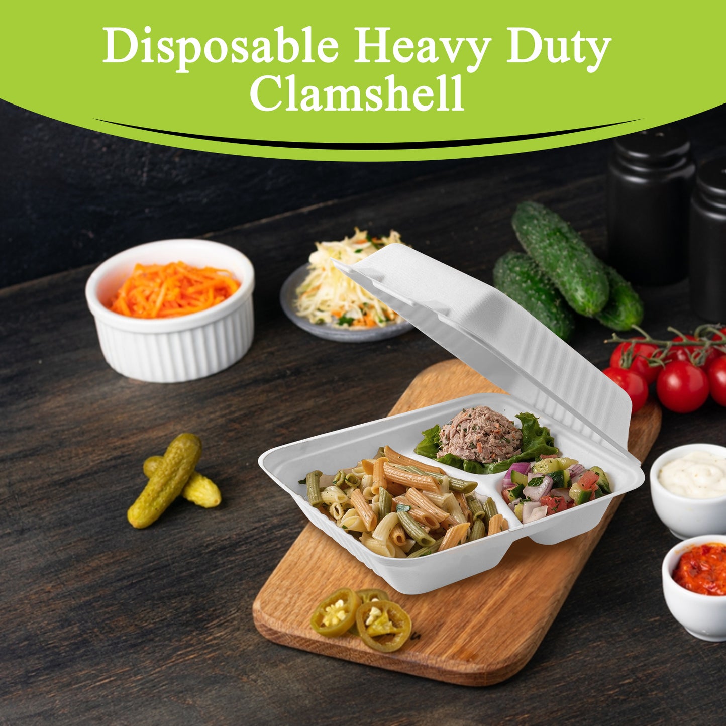 Three Leaf 9" X 9" 3 Compartment Bagasse Clamshell, 200 Ct.