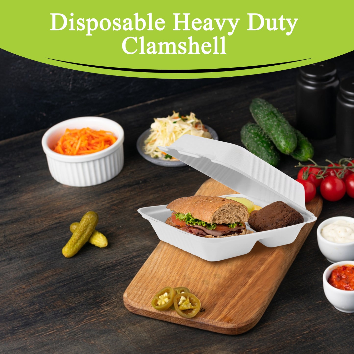 Three Leaf 8" X 8" 3 Compartment Bagasse Clamshell, 200 Ct.