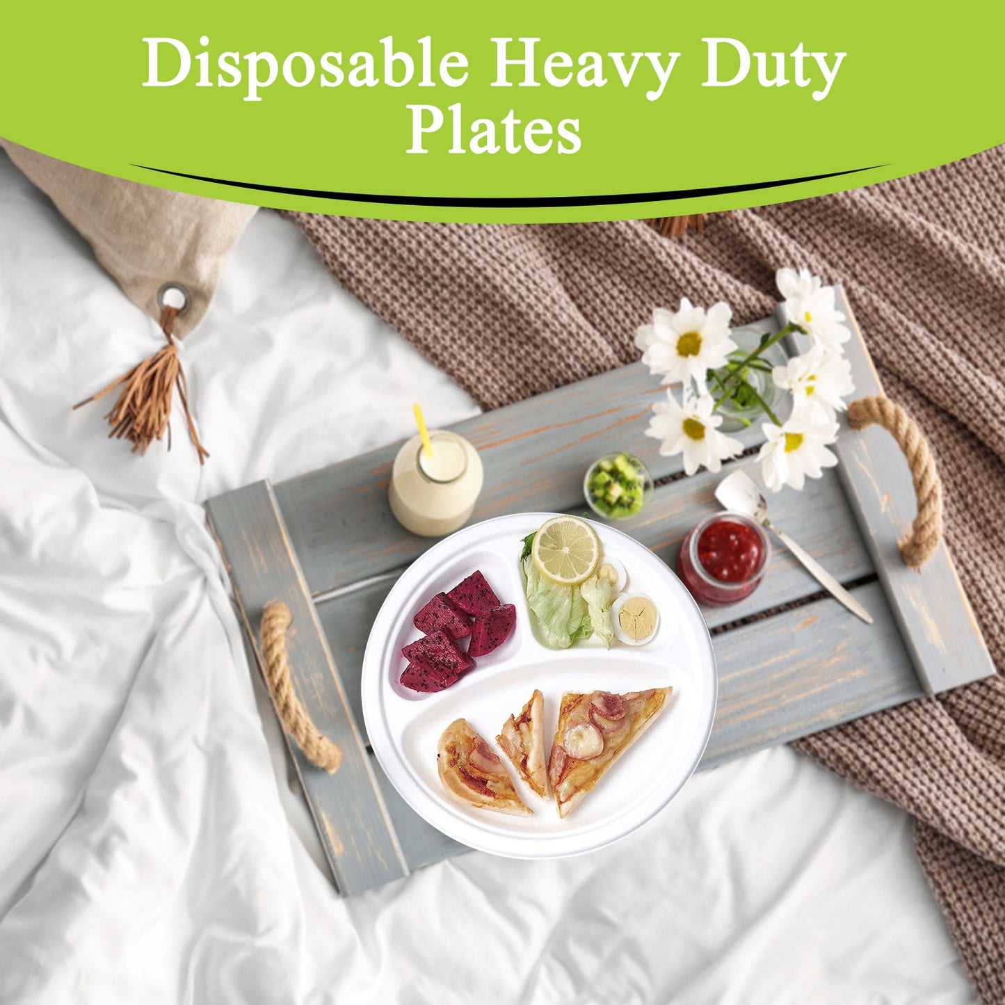 Three Leaf 10" 3 Compartment Bagasse Round Plate, 500 Ct.