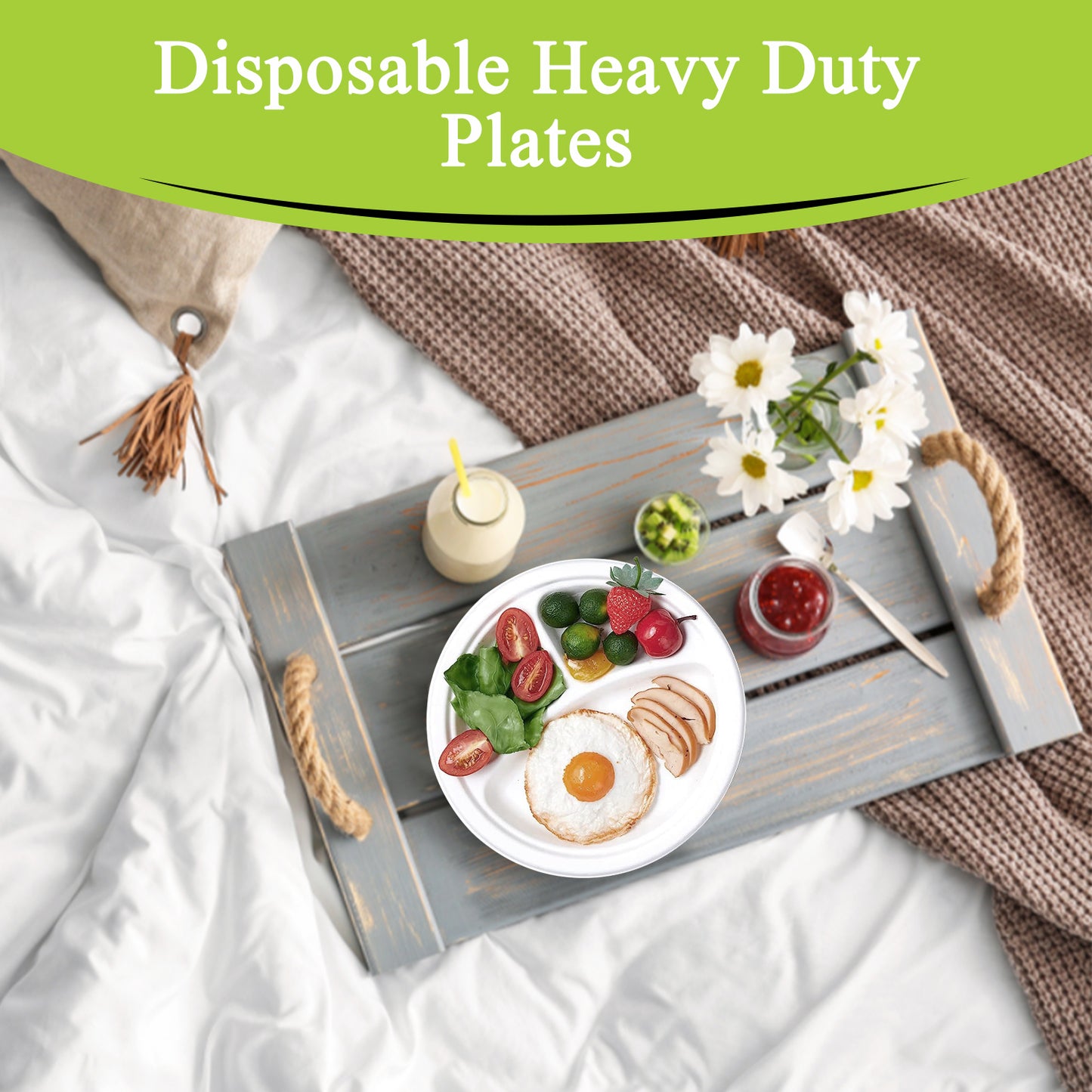 Three Leaf 9" 3 Compartment Bagasse Round Plate, 500 Ct.