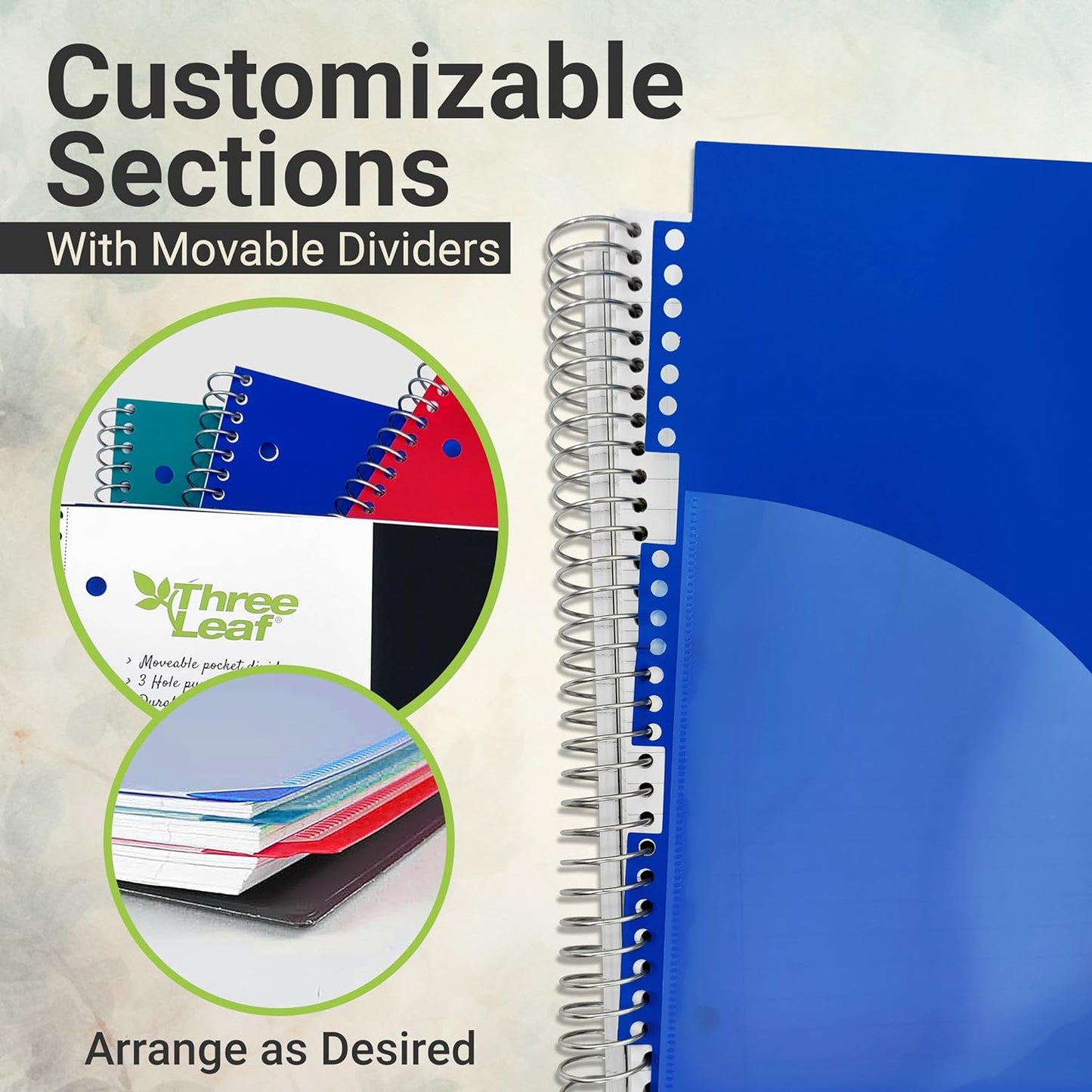 Three Leaf 100 Ct, 11 X 8 1/2, 1 Subject Poly Cover Spiral Notebook, College Ruled, Pocket Divider, Black, Blue, Green, Red.